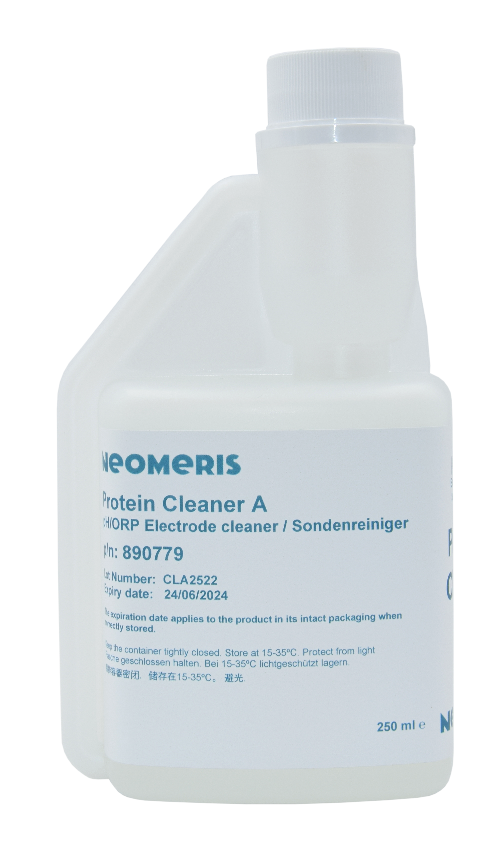 Neomeris Reinigungslösung für pH- und Redox-Elektroden (Pepsin) - Sondenreiniger Reinigungslösung für pH- und Redox-Elektroden, Frontansicht 250 ml Flasche, transparente Flasche mit blauem Etikett text
