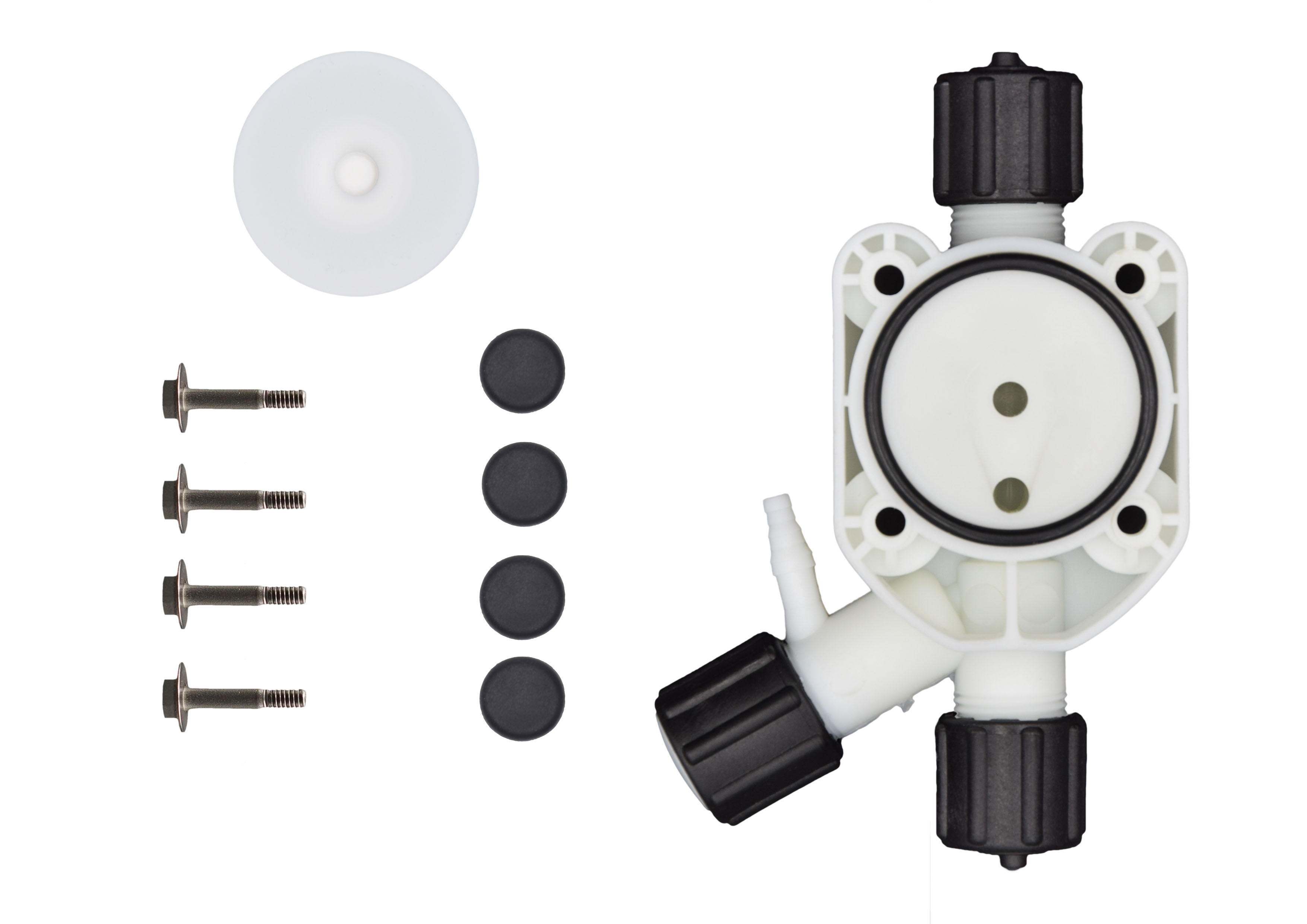 emec VMS pump service Set K - PP pump head, EPDM seal and PTFE diaphragm emec VMS Pumpen Serviceset K – Komplettansicht mit PP Pumpenkopf und EPDM Dichtung