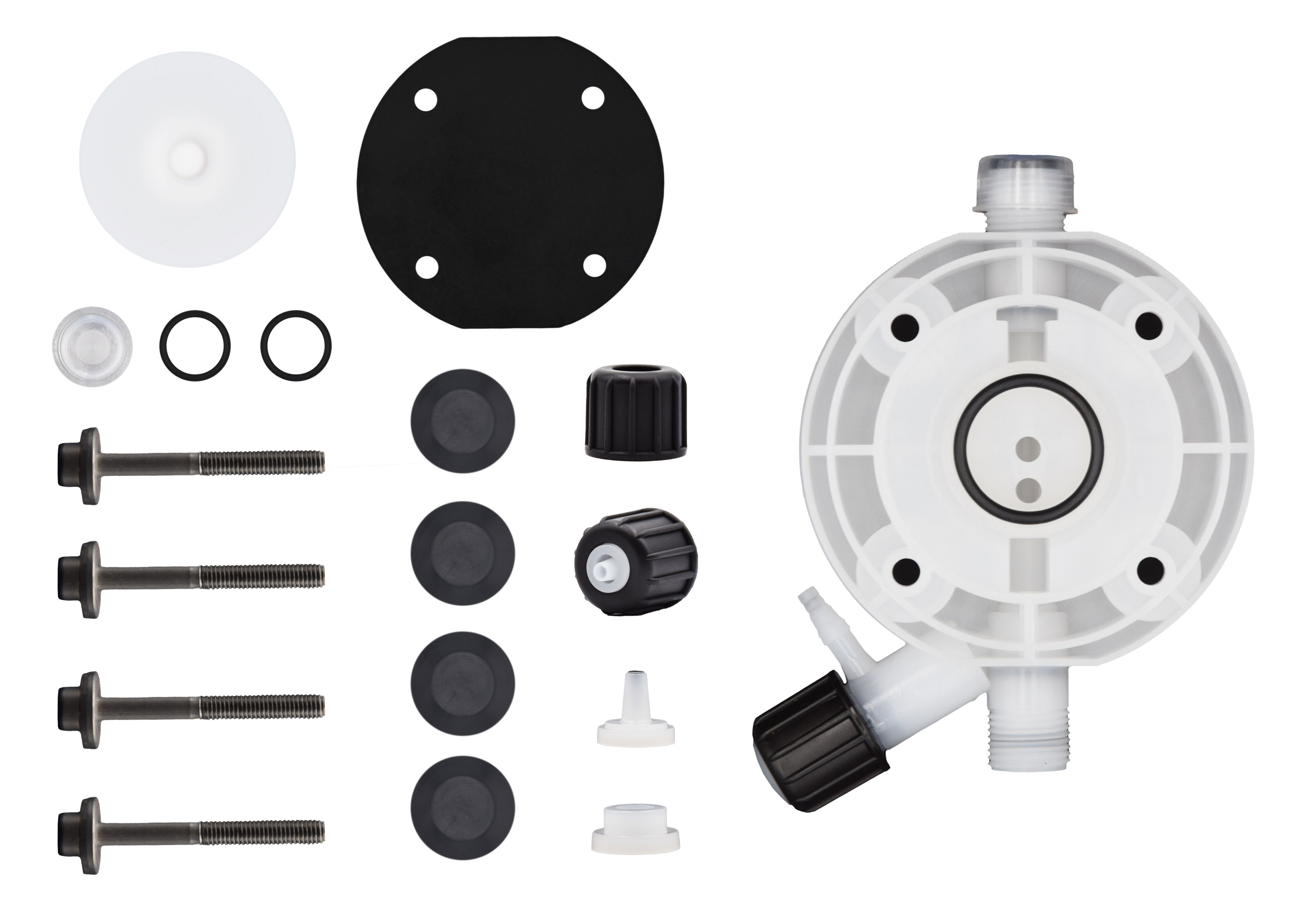 Dieses Bild zeigt das vollständige Service-Set, bestehend aus dem PVDF-Pumpenkopf mit Viton-Dichtung, der PTFE-Membrane sowie den zugehörigen Edelstahlschrauben und Abdeckkappen.