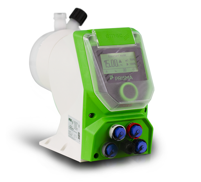 Emec PRISMA stepper motor dosing pump, overall view of the pump, Protective cover closed, screen visible