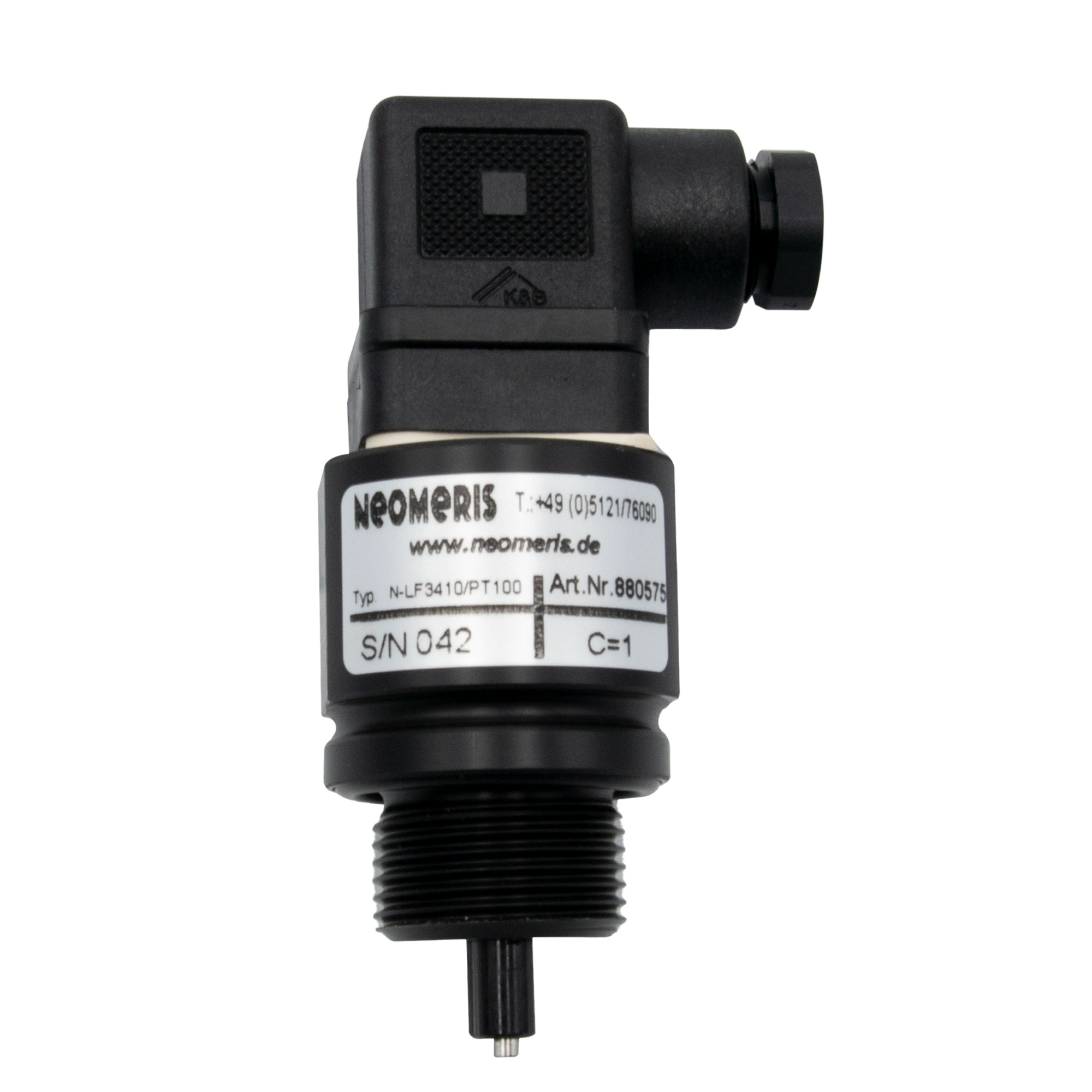 N-LF3410 conductivity measuring cell C=1.0 with PT100, 3/4 inch screw-in cell and solenoid valve connector N-LF3410 Leitfähigkeits-Messzelle seitliche Ansicht, 3/4 Zoll Einschraubgewinde, schwarzes POM-Gehäuse