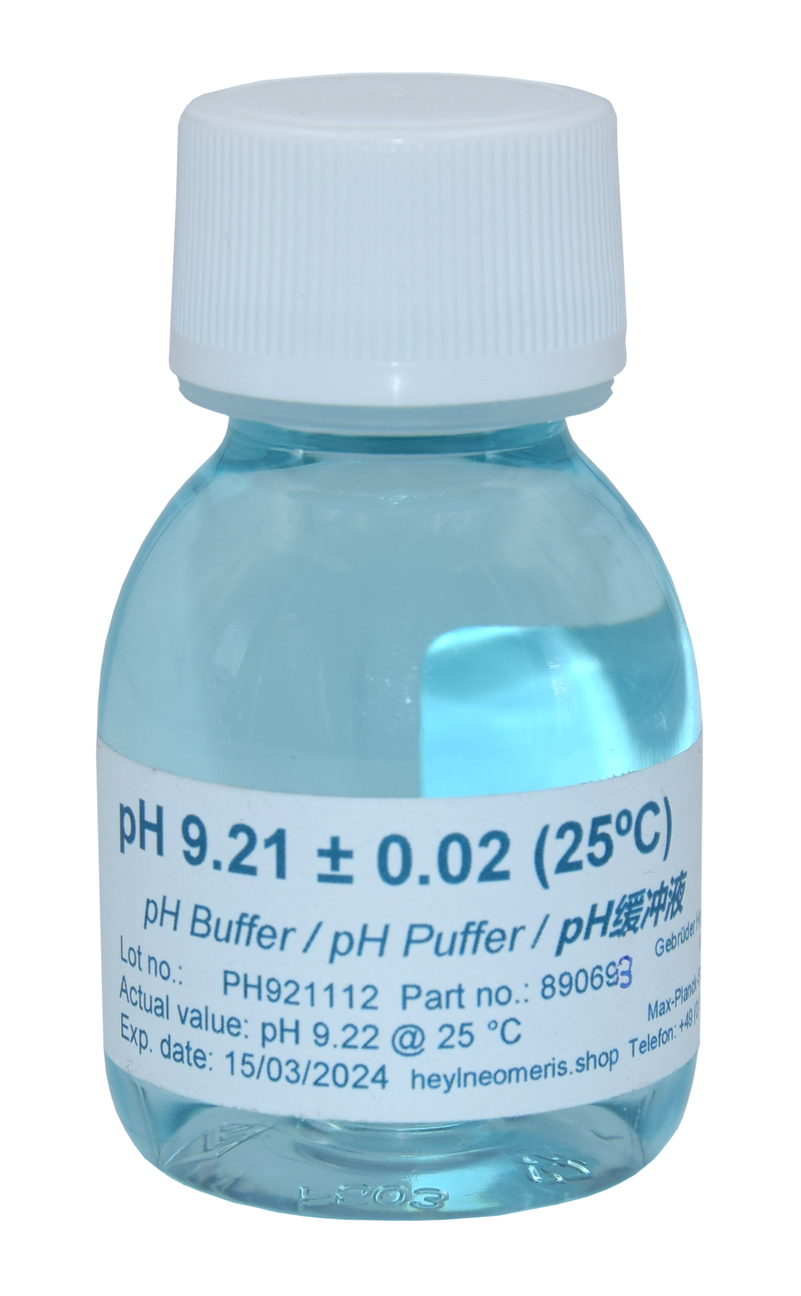 Buffer solution Pufferlösung pH 9.21, 70 ml Kunststoffflasche, blau gefärbt, zur präzisen Kalibrierung von pH-Sensoren