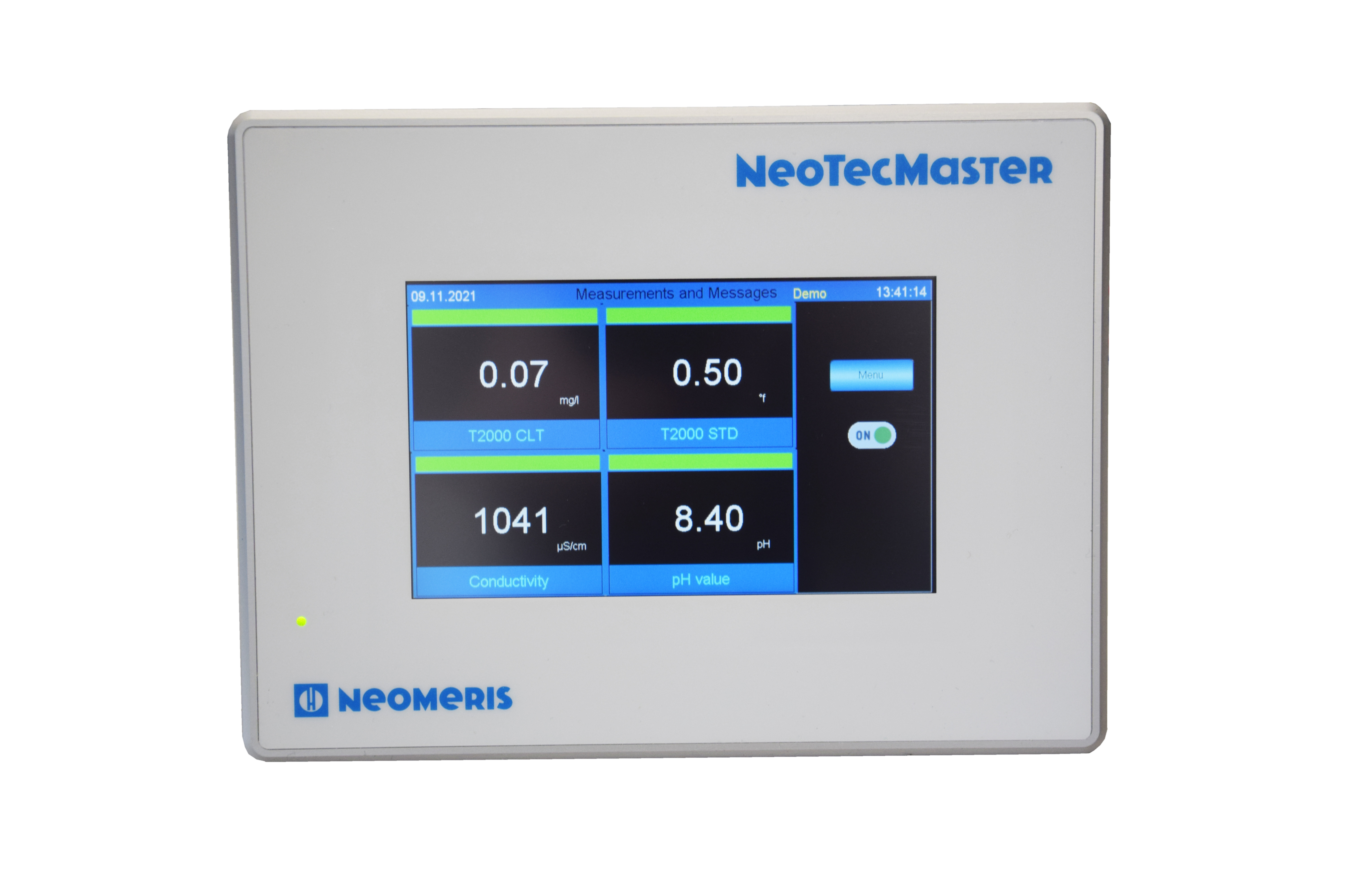 NeoTecMaster® 5 Zoll Frontansicht eingeschaltet, Trenddiagramm auf Display, 4–20 mA RS232-Modul, visueller Messdatenmonitor, Steuertechnik sichtbar