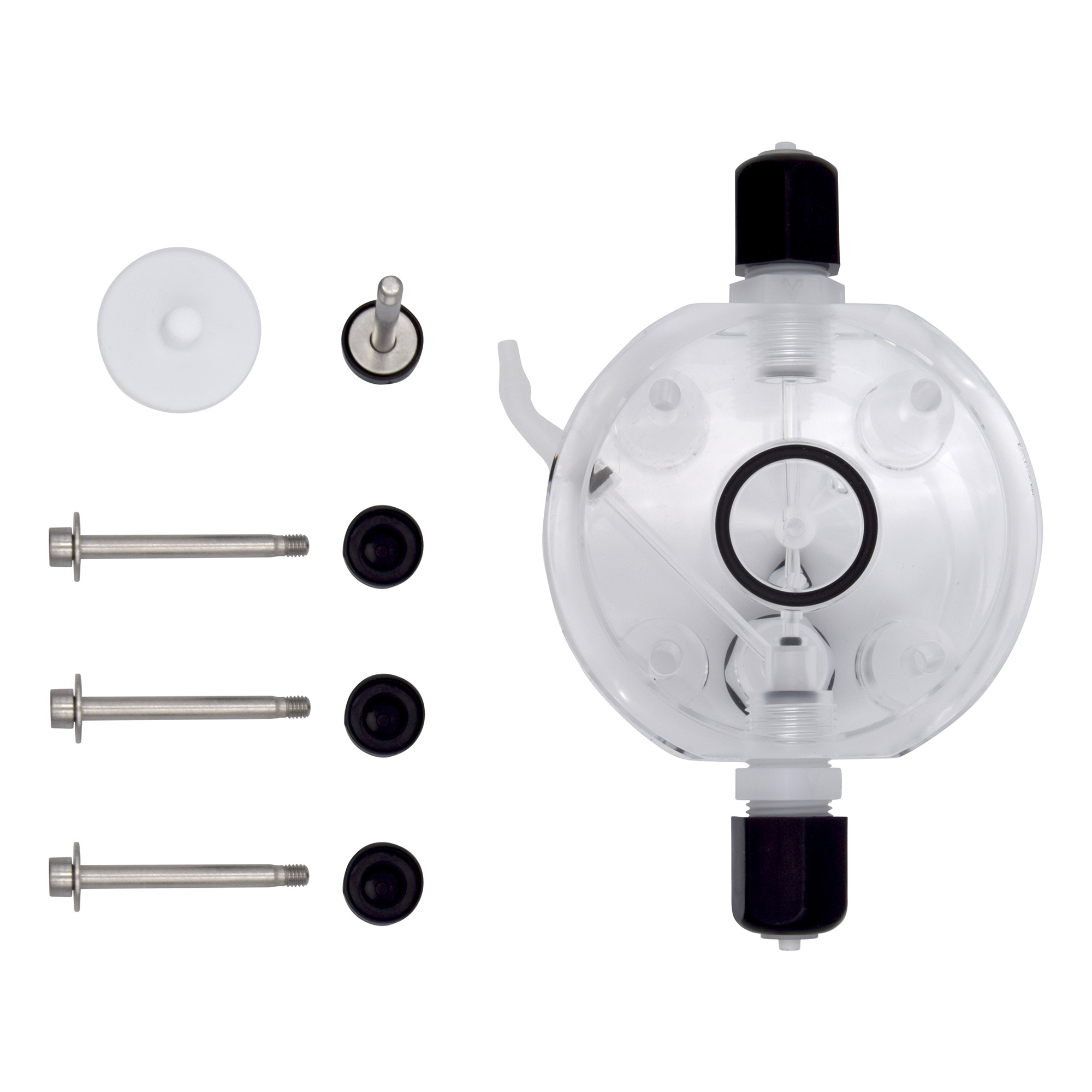 emec PRISMA Serviceset I, Komplettansicht, PMMA-Pumpenkopf mit Viton-Dichtung, PTFE-Membrane