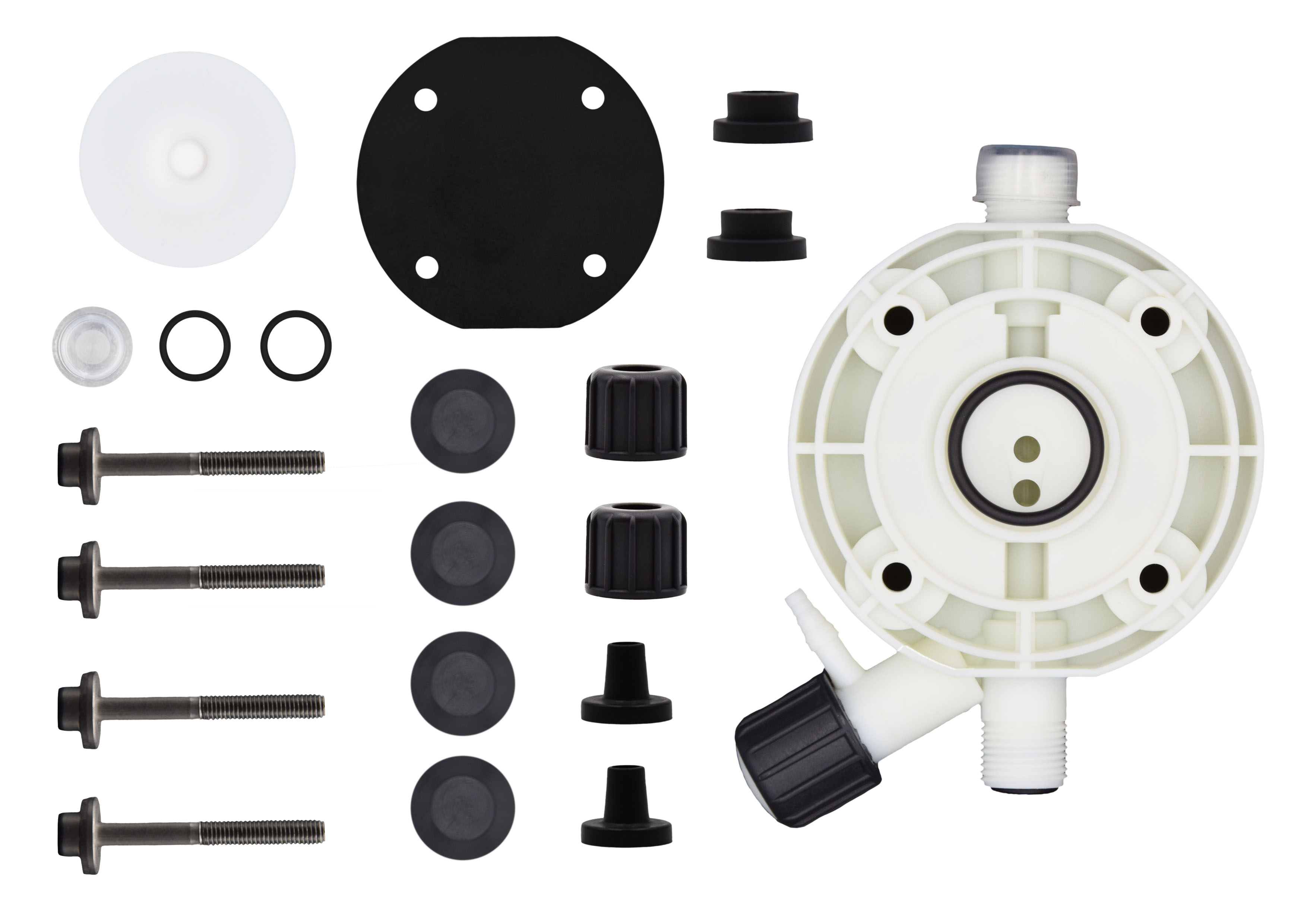 emec K-Plus Serviceset I, Komplettansicht mit PP Pumpenkopf und PTFE Membrane, Ersatzteilset