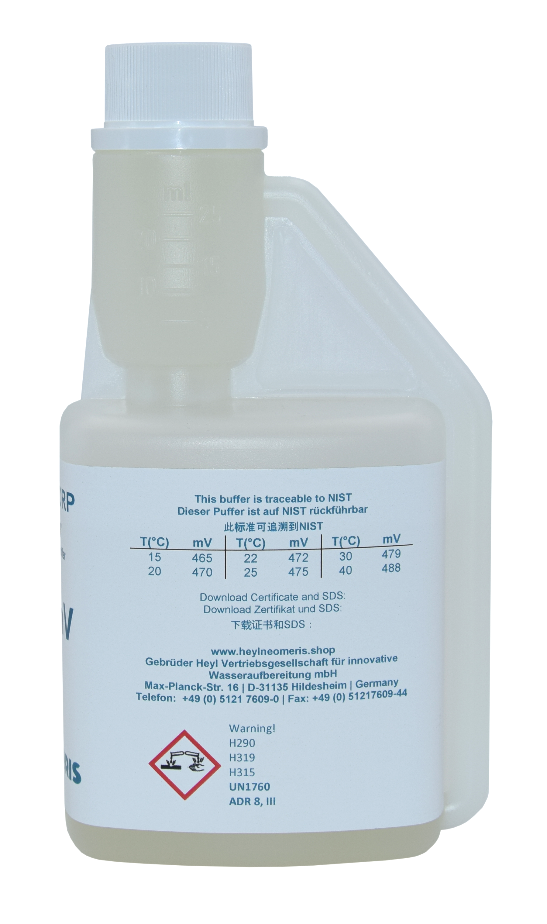 Redox Pufferlösung, Seitenansicht mit sichtbarem Etikett, ORP Lösung 475 mV für Laboranwendungen