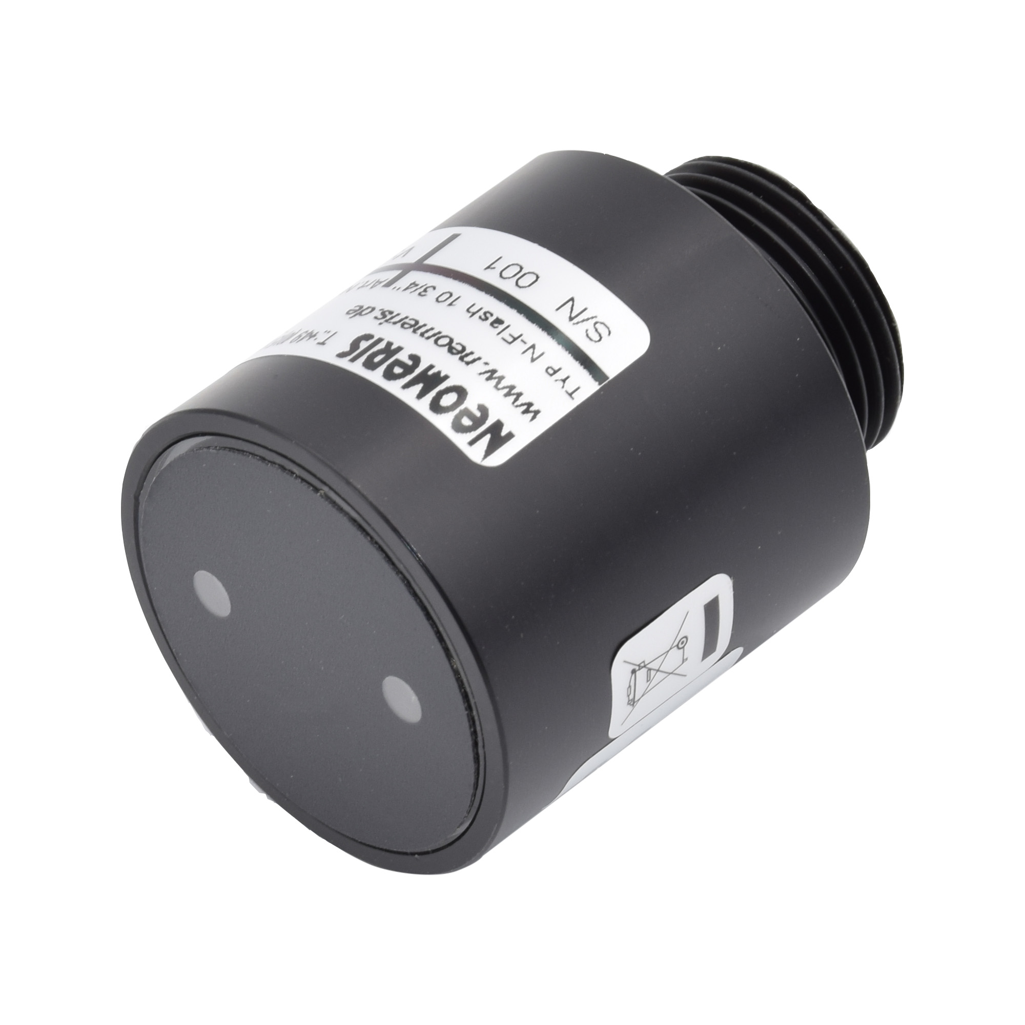 N-FLASH10, conductivity measuring instrument 0-10μS/cm with 2 LEDs, battery-powered and integrated screw-in measuring cell N-FLASH10 Leitfähigkeitsmessgerät Frontansicht, schwarzes POM‑Gehäuse, LEDs oben