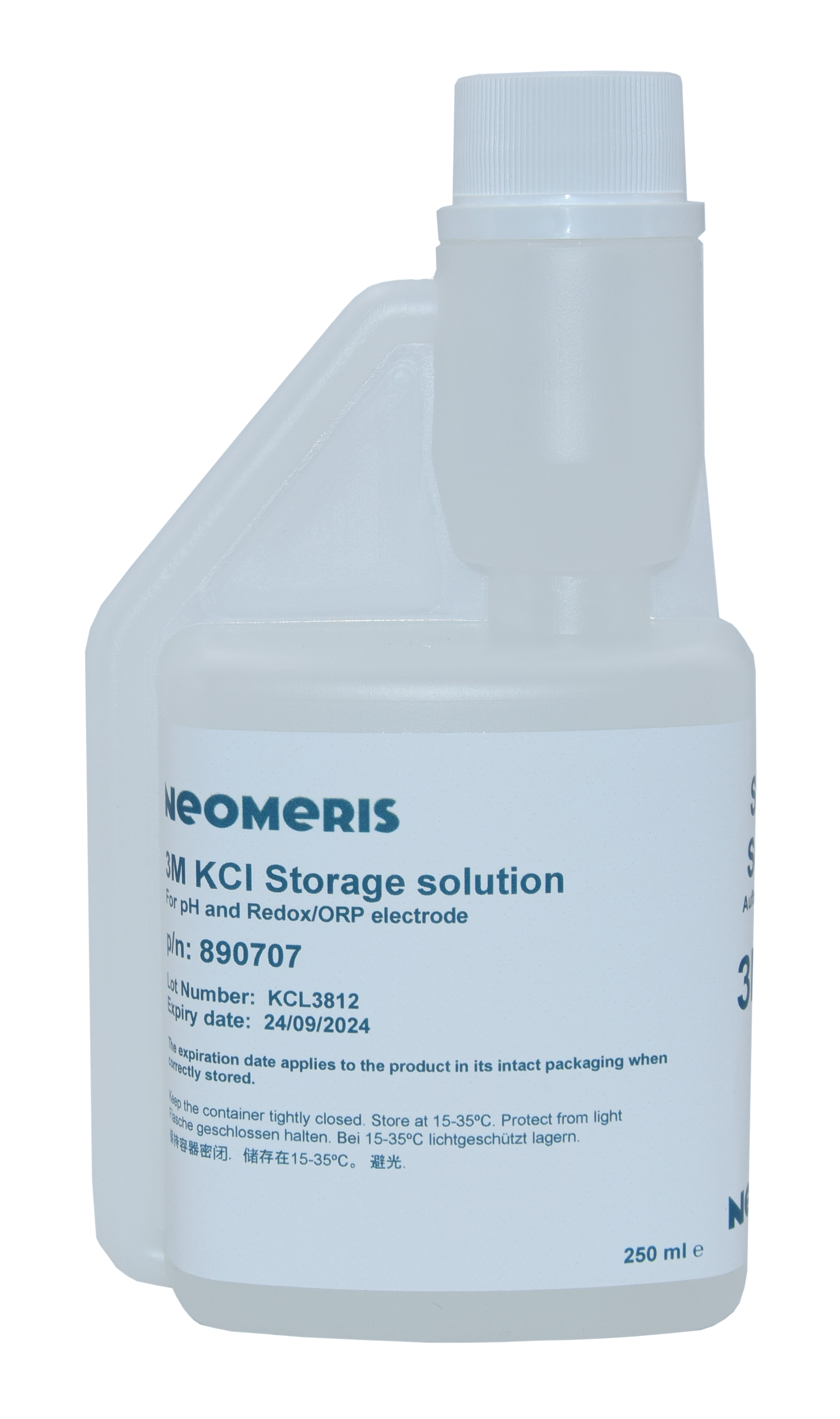 Neomeris storage solution for pH and ORP electrodes 3 mol/l KCl (electrolyte solution) Aufbewahrungslösung für pH und Redox Elektroden, Frontansicht der Flasche mit lesbarem Produktnamen und Volumenangabe