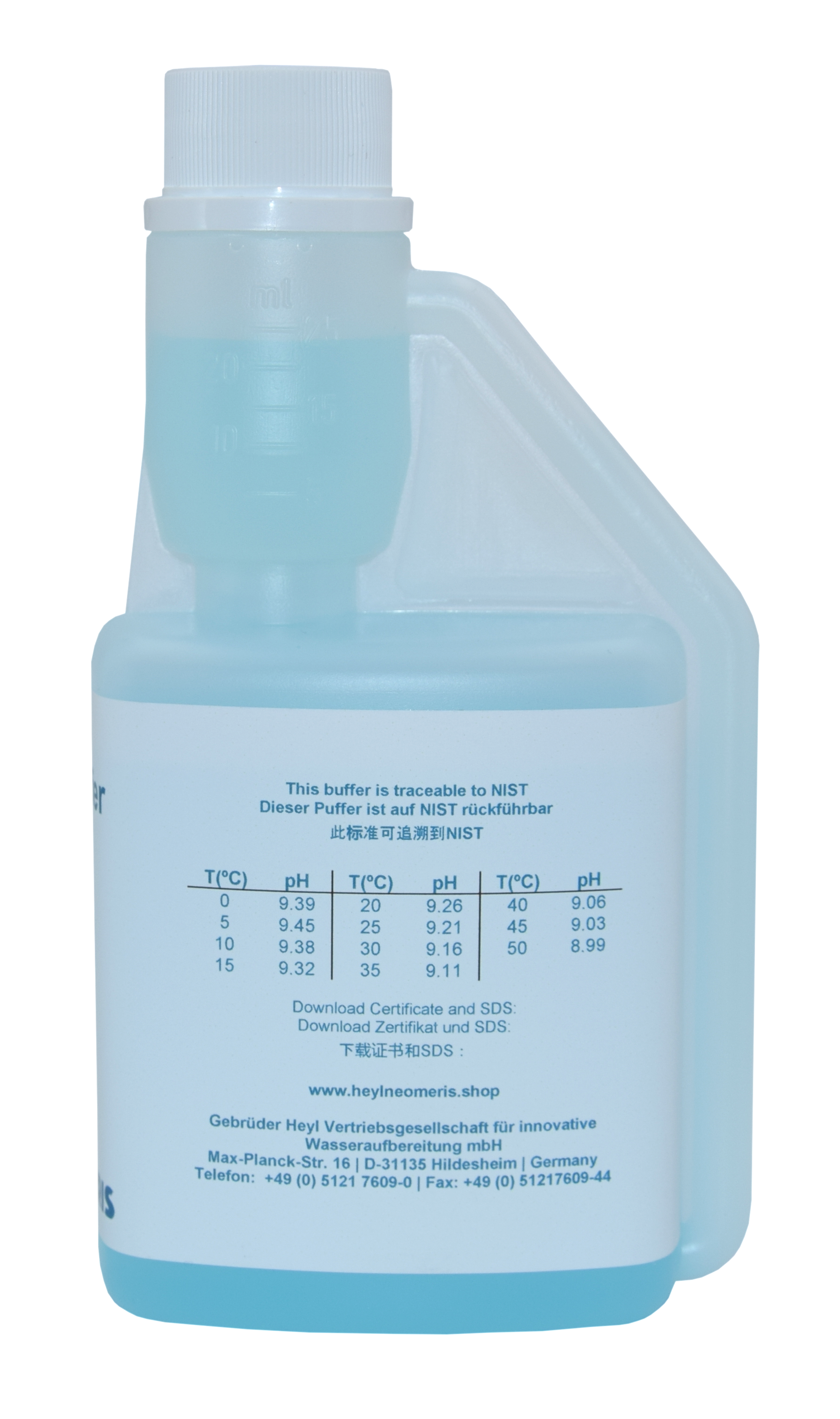 Pufferlösung pH 9.21, 250 ml Flasche mit blauer Lösung, Neomeris, Rückansicht