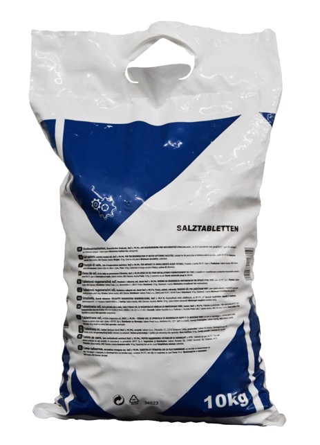 1 pallet salt tablets (100x 10kg), EN 973 A 1 Palette Salztabletten (100x 10kg), EN 973 A, Produktabbildung ein Sack Salztabletten 10 kg, Frontansicht des PE-Foliensacks, geeignet für Wasserenthärtungsanlagen