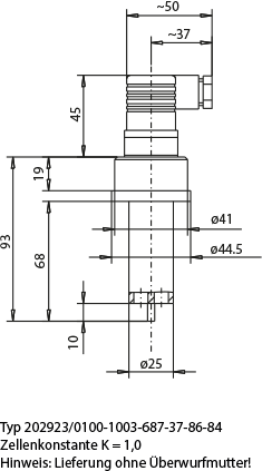 Technische Zeichnung von JUMO ecoLine CR-PVC Leitfähigkeitssensor mit Zellenkonstante K = 1,0, Pt100 unsere Artikelnummer 800346
