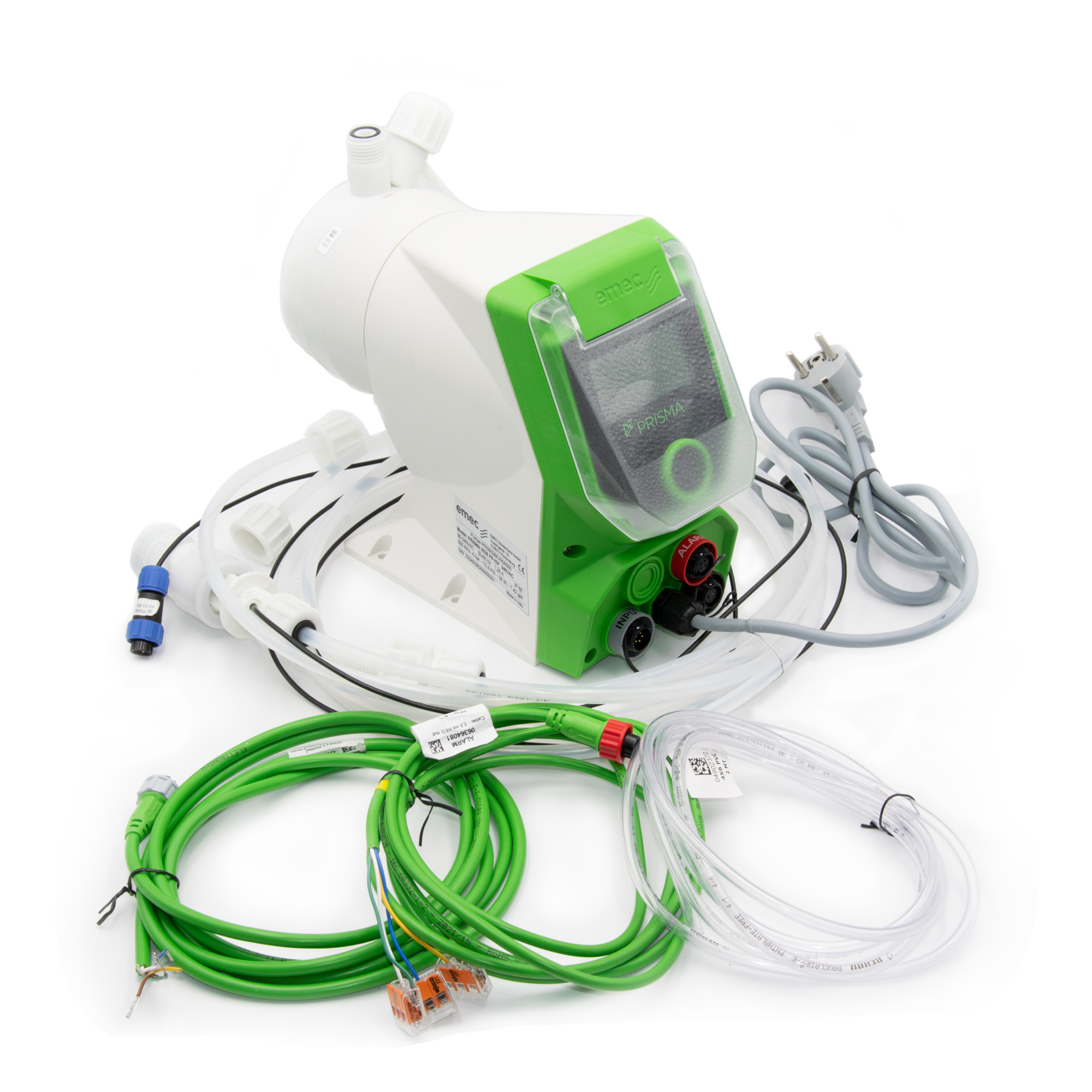 Emec PRISMA stepper motor dosing pump, overall view with hoses and cables