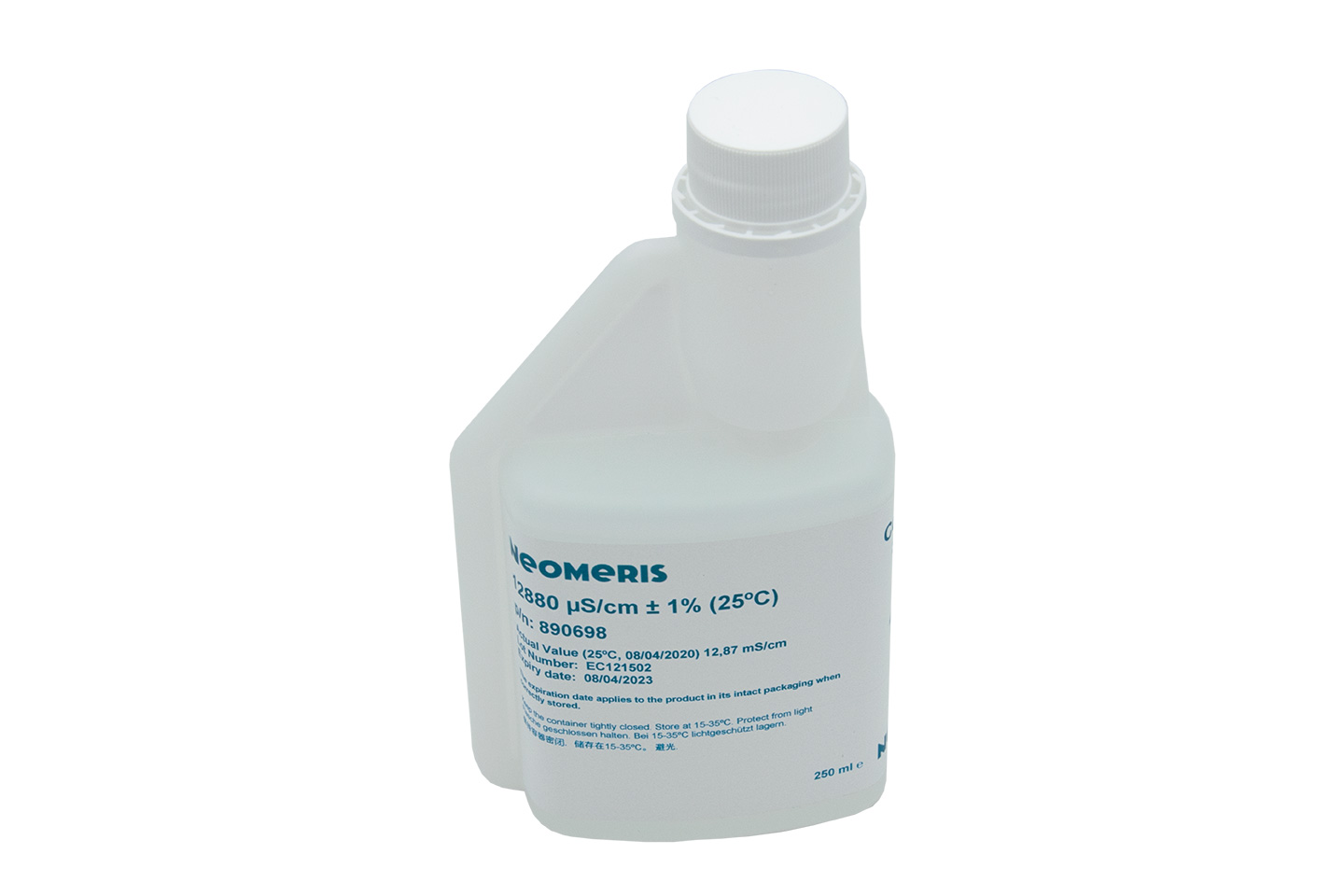 Neomeris conductivity calibration solution Leitfähigkeitskalibrierlösung, weiße Kunststoffflasche mit blauem Etikett, Frontansicht, 250ml, Hygieneverschluss schützt vor Verunreinigung, praktische Dosierflasche, Kalibrierlösung für Elektroden, handliche Form, sichere Anwendung