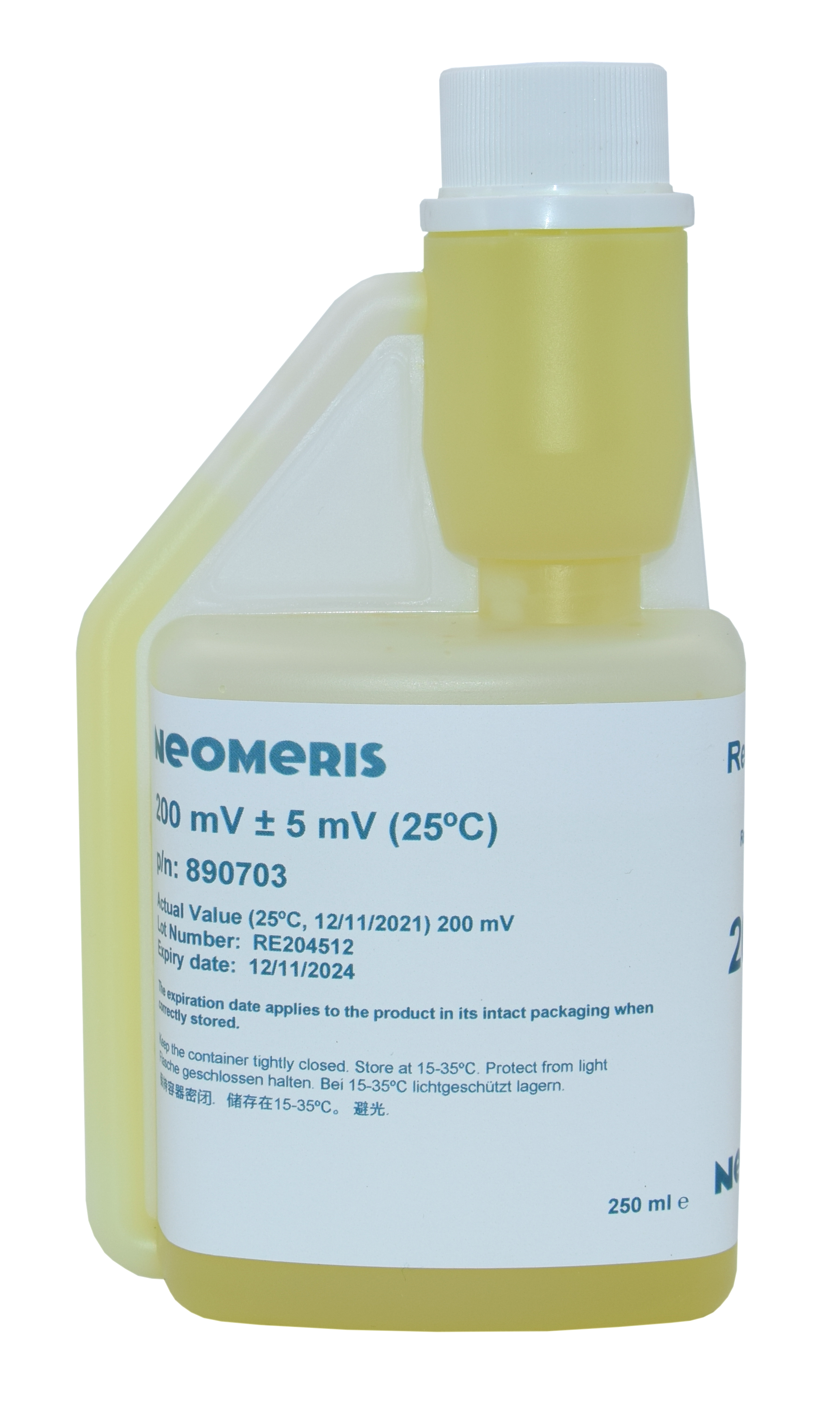 Neomeris redox buffer solution 200 mV Redox Pufferlösung, Frontansicht der 250 ml Flasche mit Hygienedeckel, zur Elektrodenkalibrierung