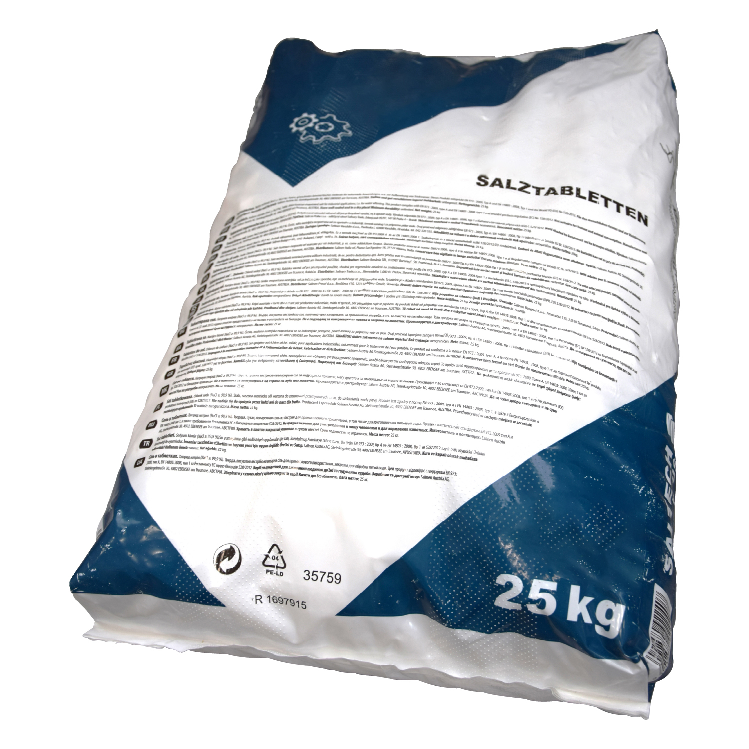 1 Palette Salztabletten (40x 25kg), EN 973 A, Fokus auf Produktinformationen, min. 99,9% NaCl, Feuchtigkeit 