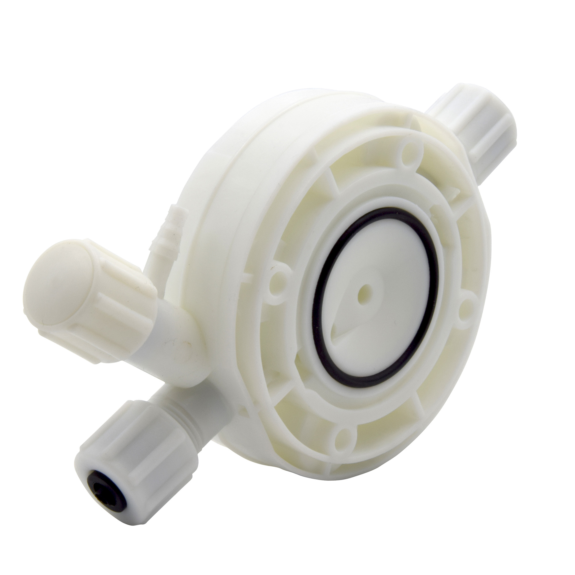 emec PRISMA Serviceset L, Seitenansicht des PP-Pumpenkopfs mit EPDM-Dichtung und PTFE-Membrane