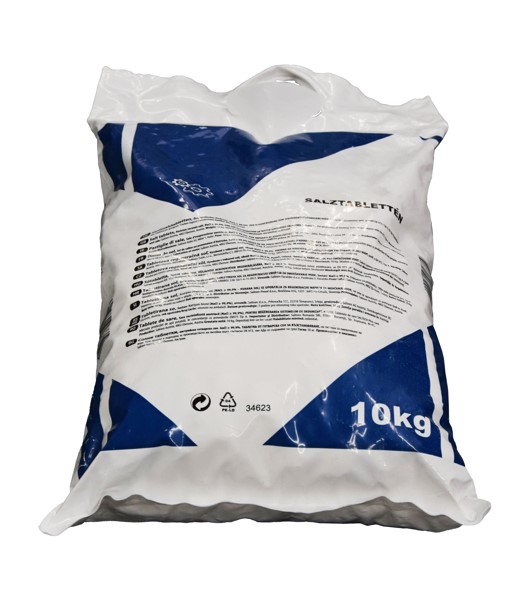 Salt tablets 10 kg, horizontal packaging view, showing bag shape and product information including 10 kilograms