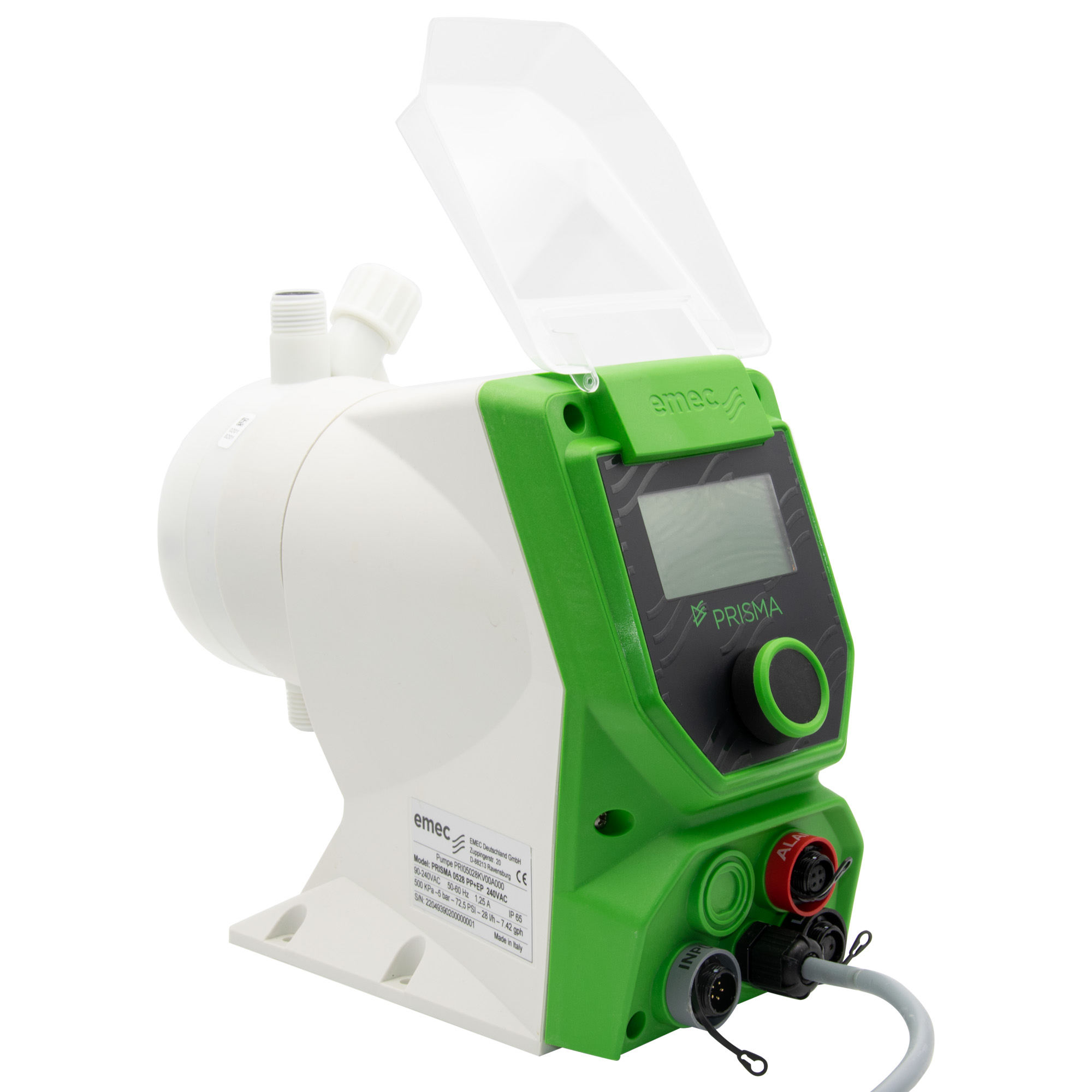 emec Prisma Schrittmotor Dosierpumpe, Seitenansicht, offene Schutzkappe, Gehäuse und Bedienelemente