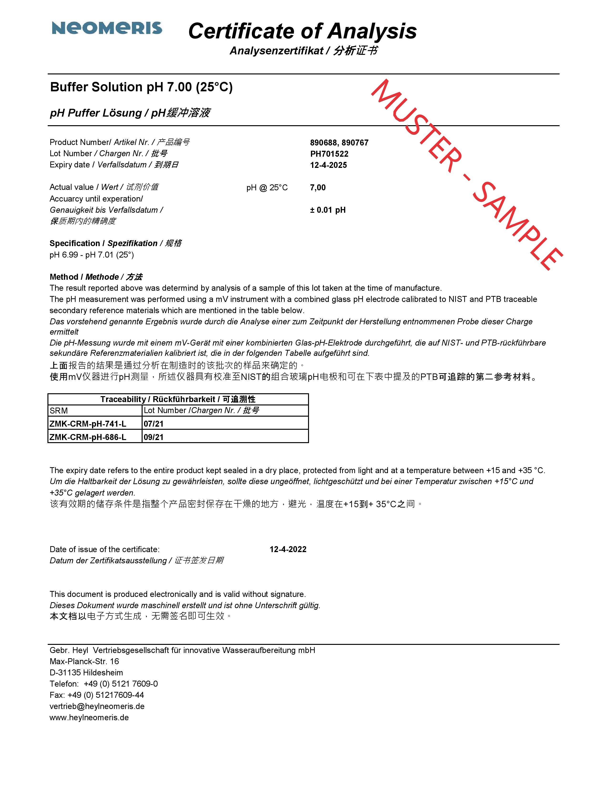 Analysezertifikat Neomeris Pufferlösung pH 10.01 