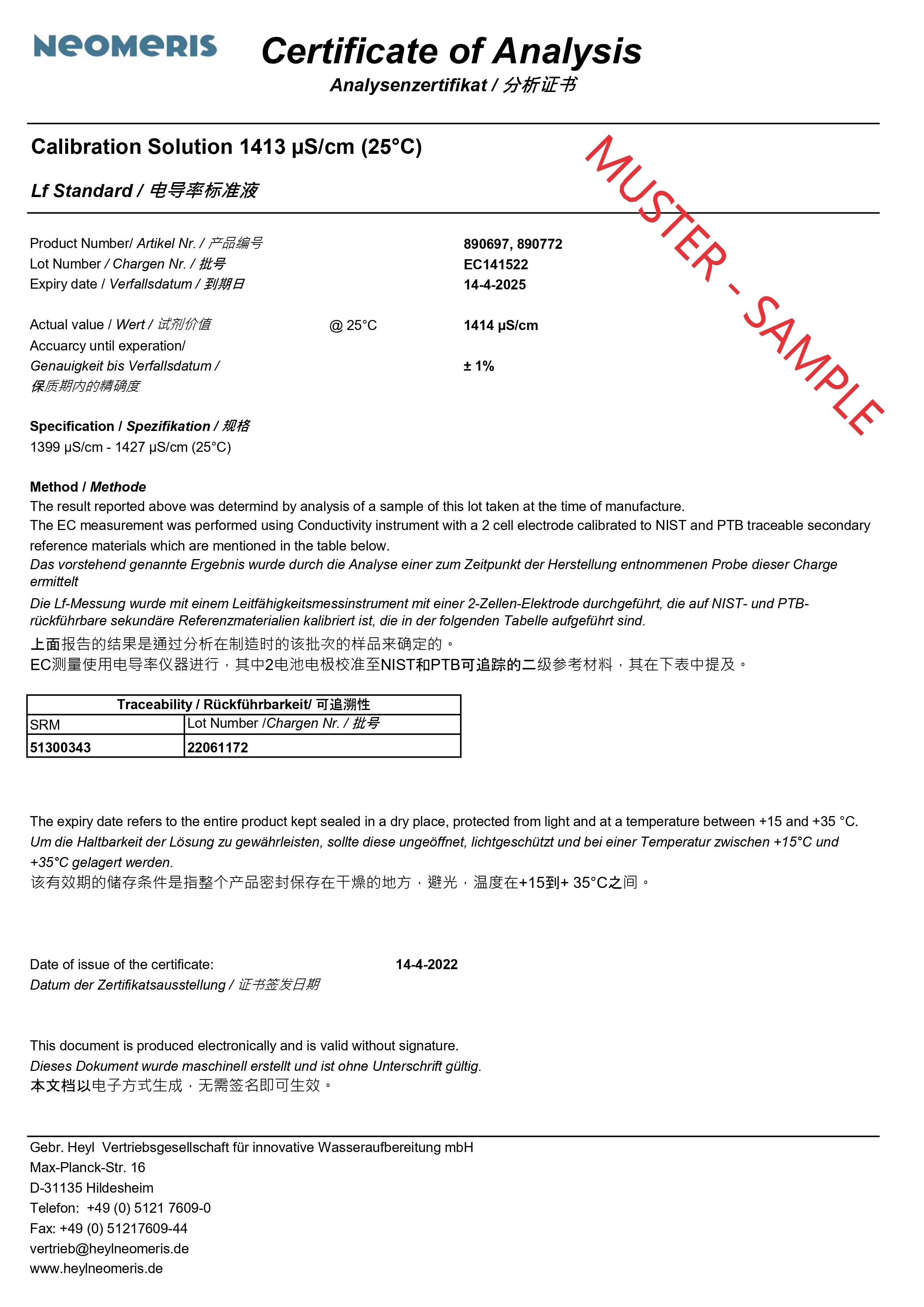 Zertifikat für Leitfähigkeitskalibrierlösung, geprüft nach Standards, Dokument zur Qualitätssicherung