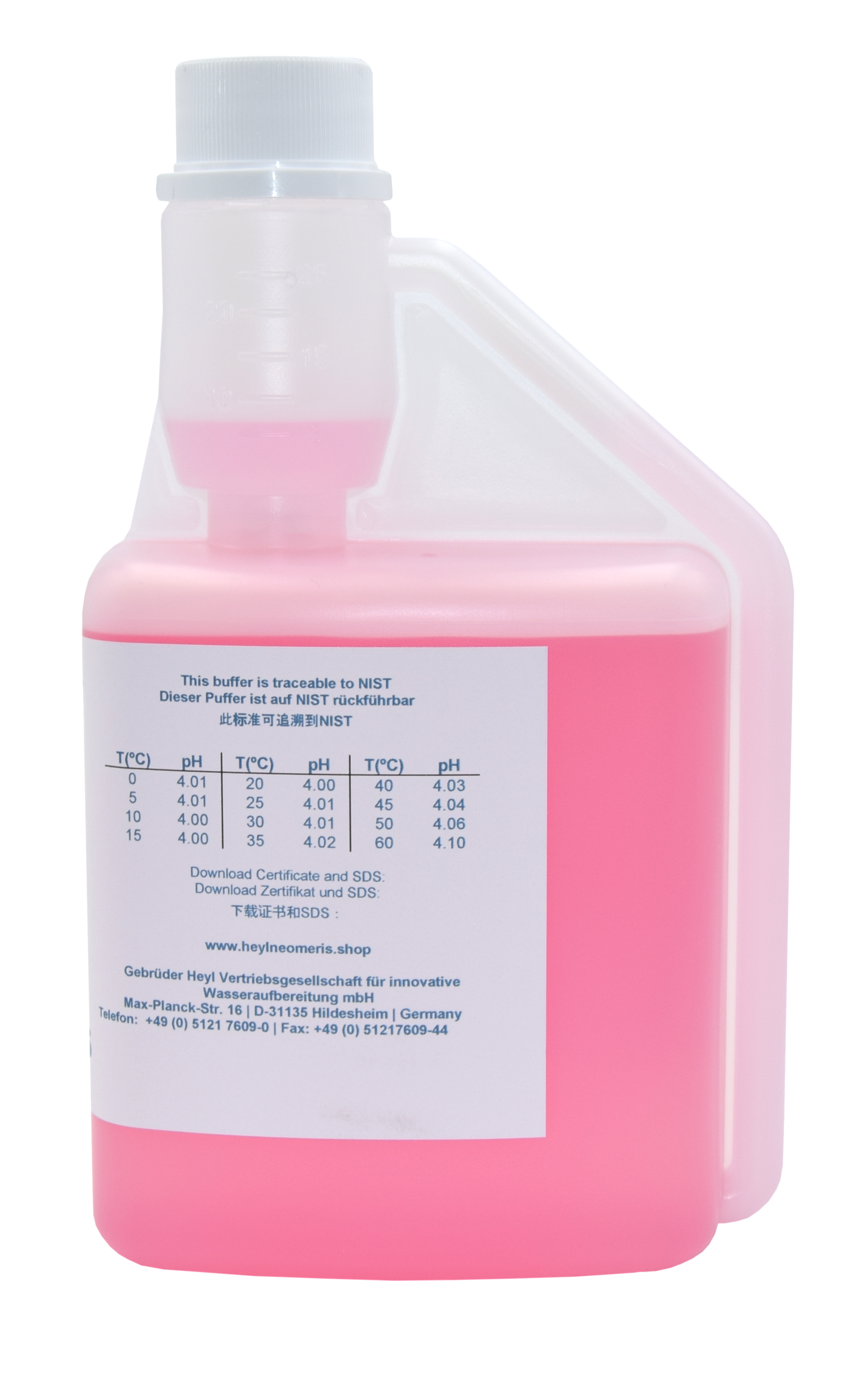 Pufferlösung, Rückansicht 500 ml Flasche mit Etikett pH 4.01