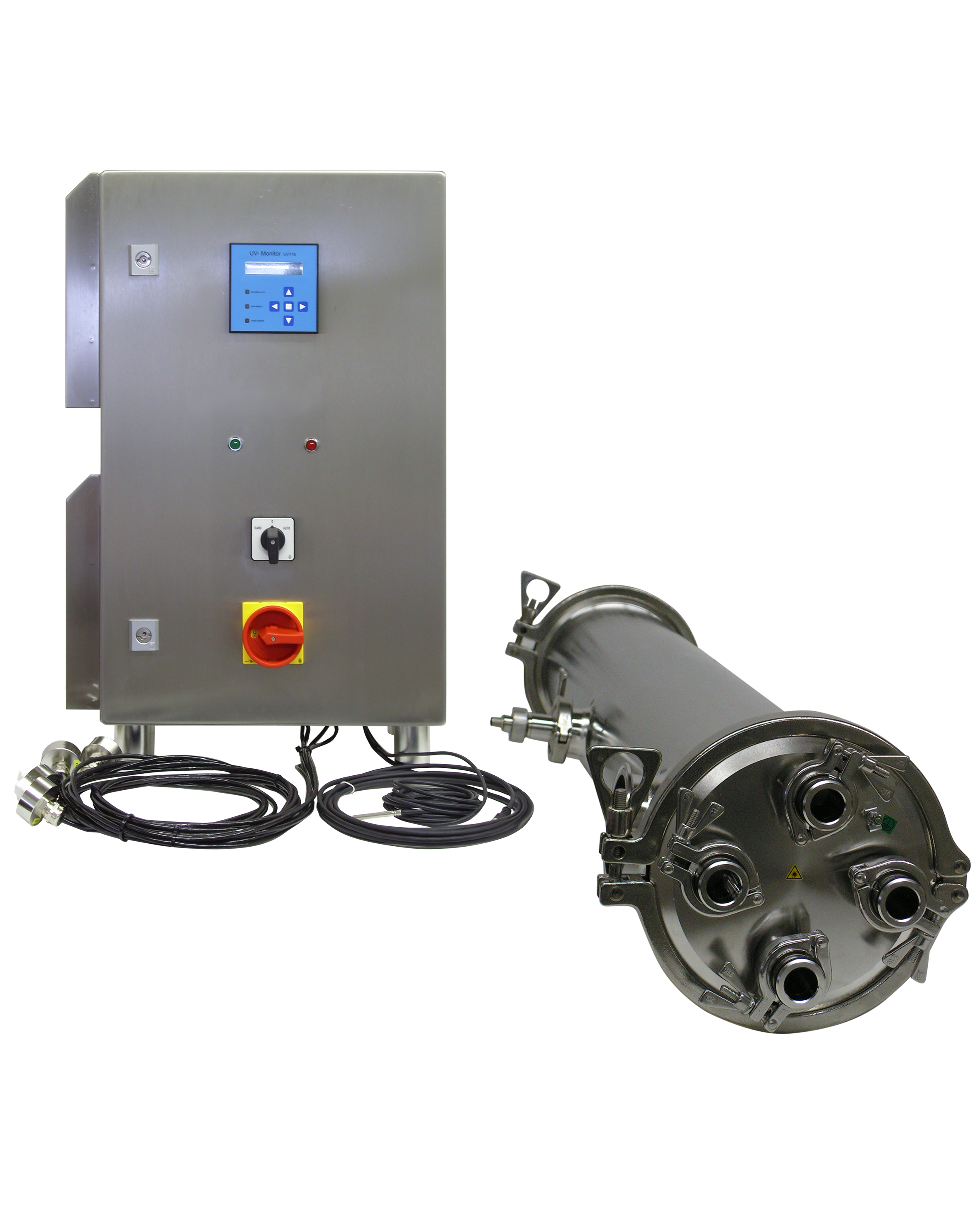 UVprofessional Pharma, complete view of the UV system, electropolished stainless steel reactor for the pharmaceutical industry