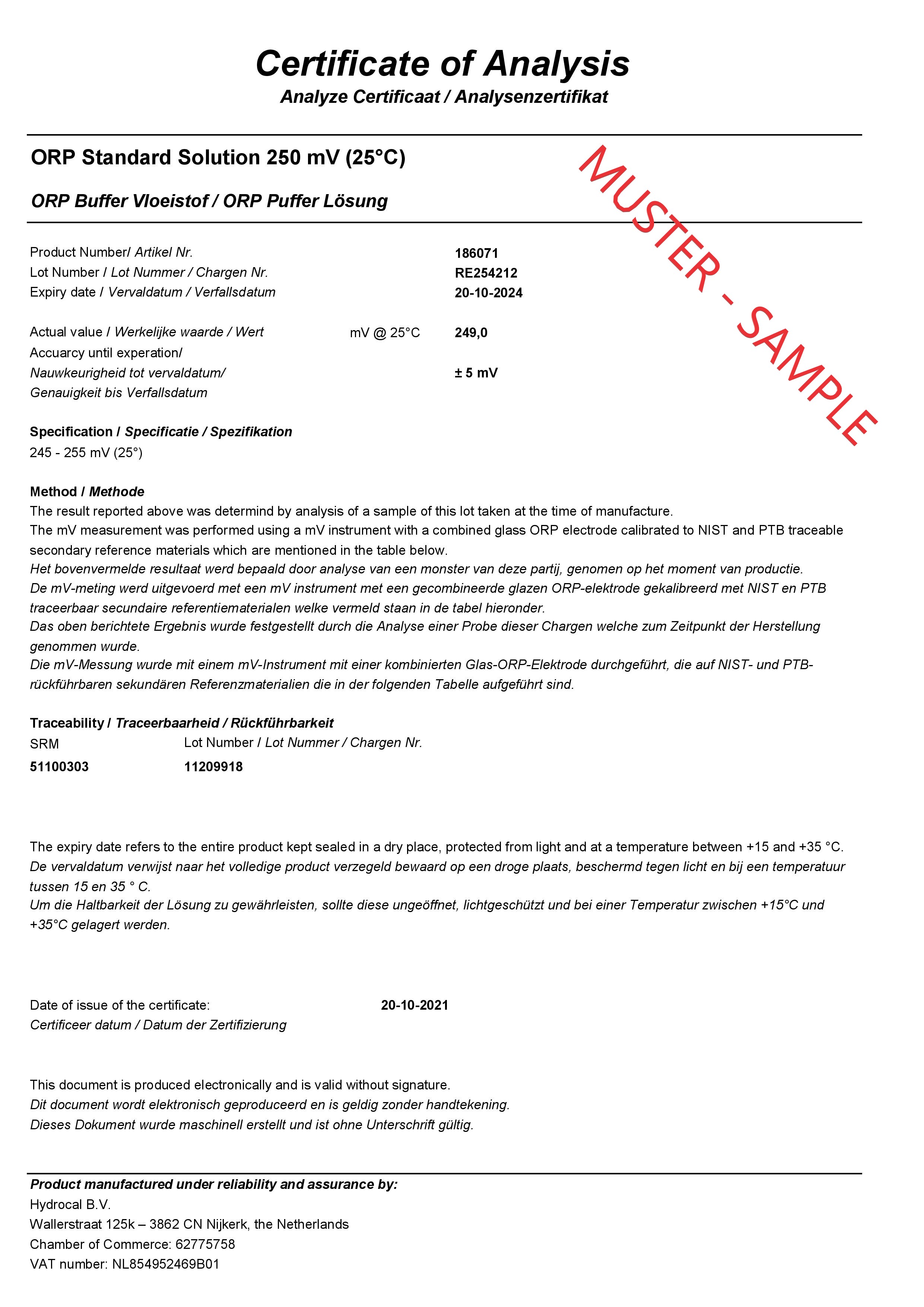 Redox Pufferlösung 200 mV, Analyseblatt mit Kalibrierdaten für Redox-Elektroden-Kalibrierung