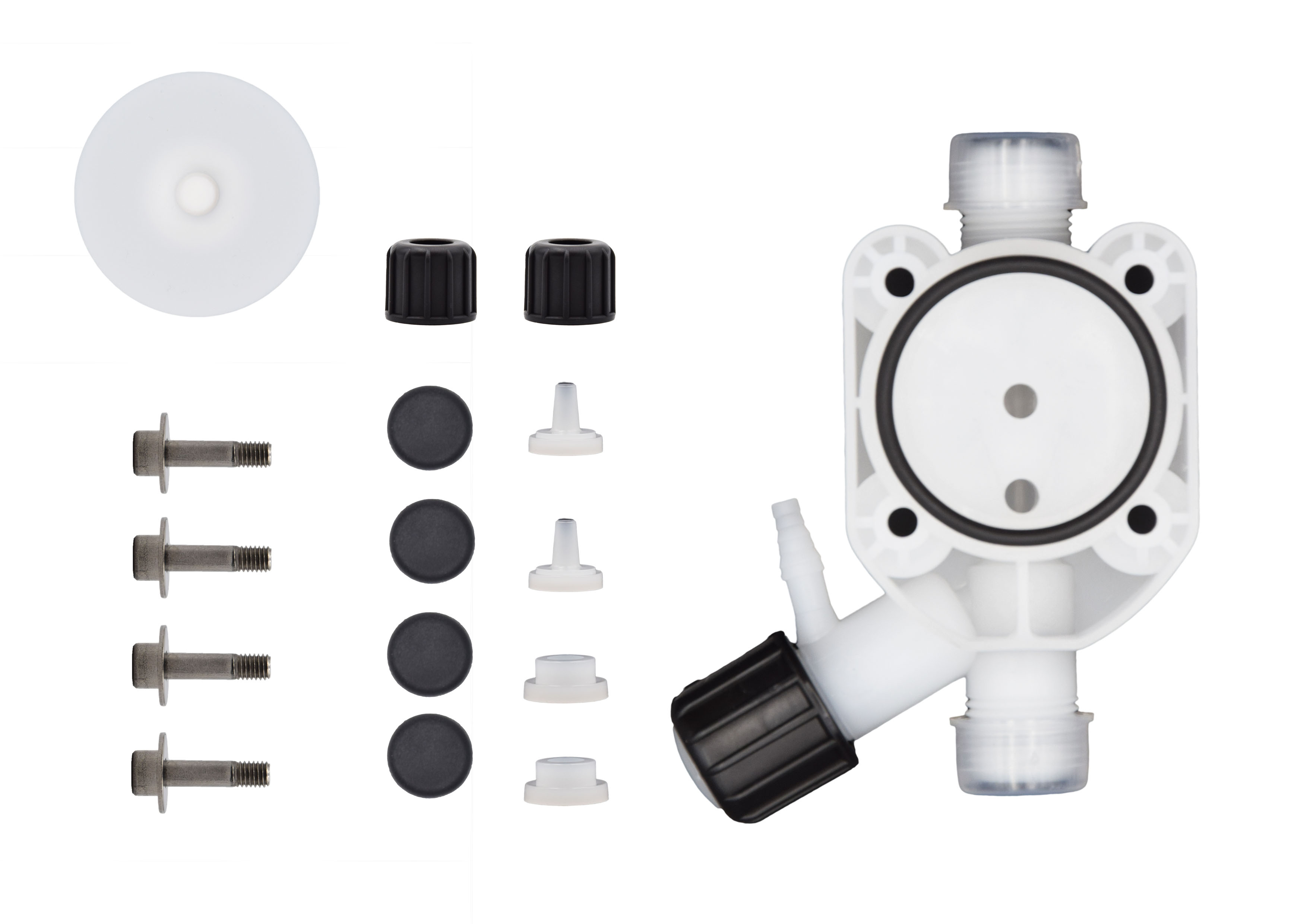 Komplettübersicht emec VMS Serviceset K – PVDF Pumpenkopf mit Viton Dichtung und PTFE Membrane