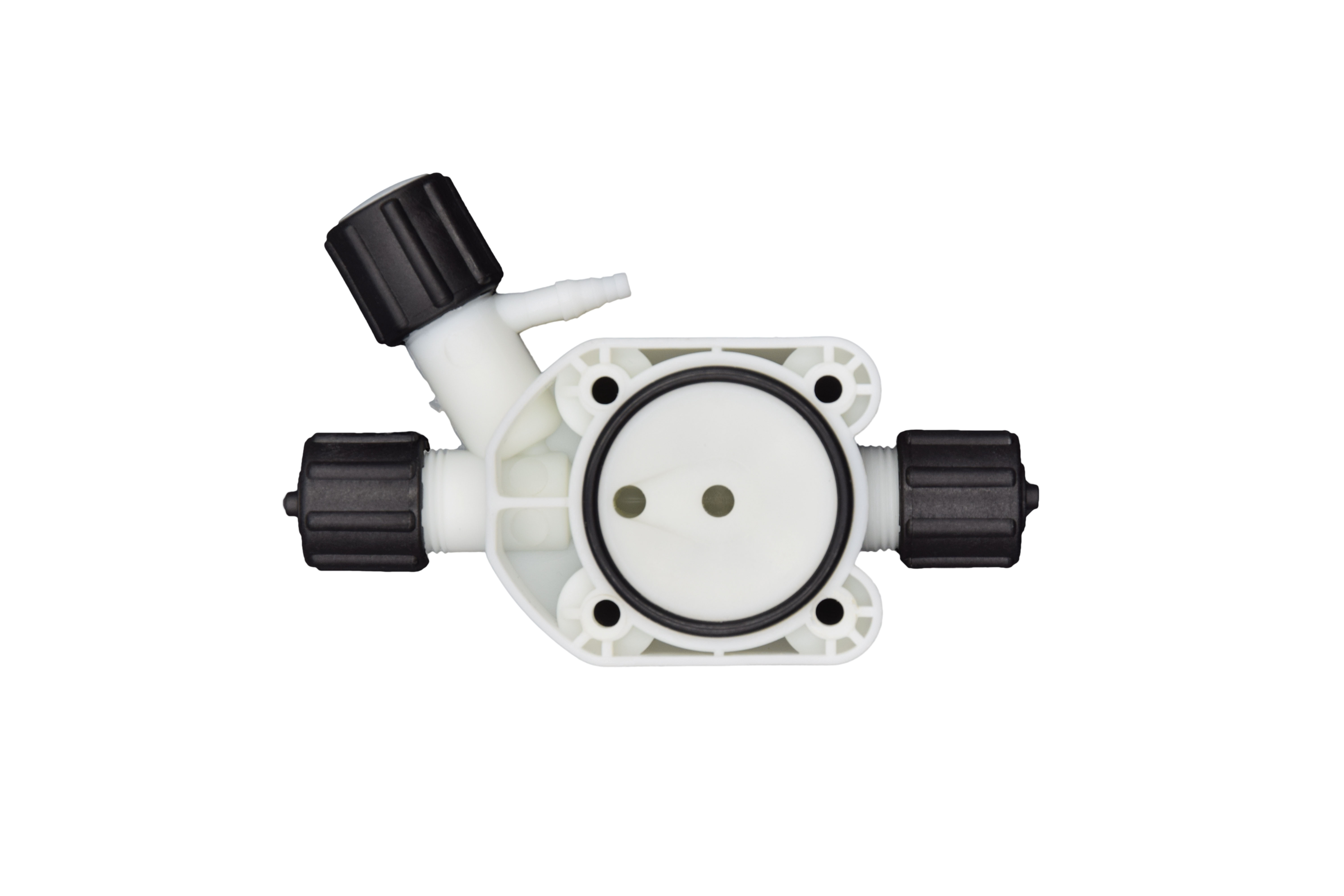 Seitenansicht des PP Dosierkopfs mit EPDM Dichtung aus dem emec VMS Serviceset K