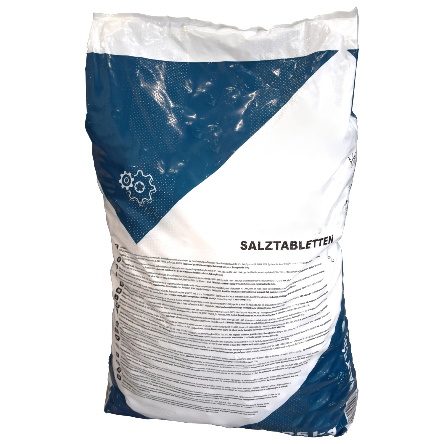 1 pallet salt tablets (40x 25kg), EN 973 A 1 Palette Salztabletten (40x 25kg), EN 973 A, Frontansicht des Produktsacks, klare Beschriftung, PE-Folie