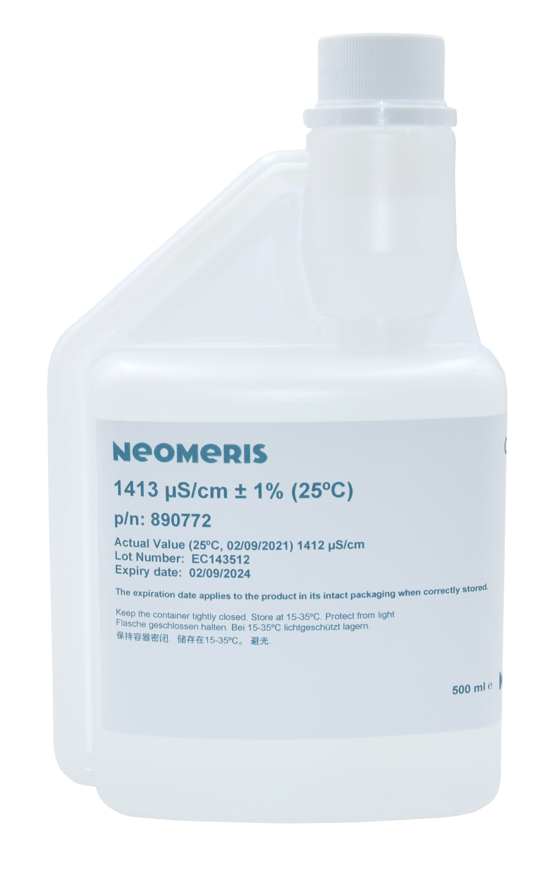 Neomeris conductivity calibration solution 1413 μS/cm Kalibrierlösung für Elektroden, transparente Flasche mit blauer Schrift auf Etikett Frontansicht