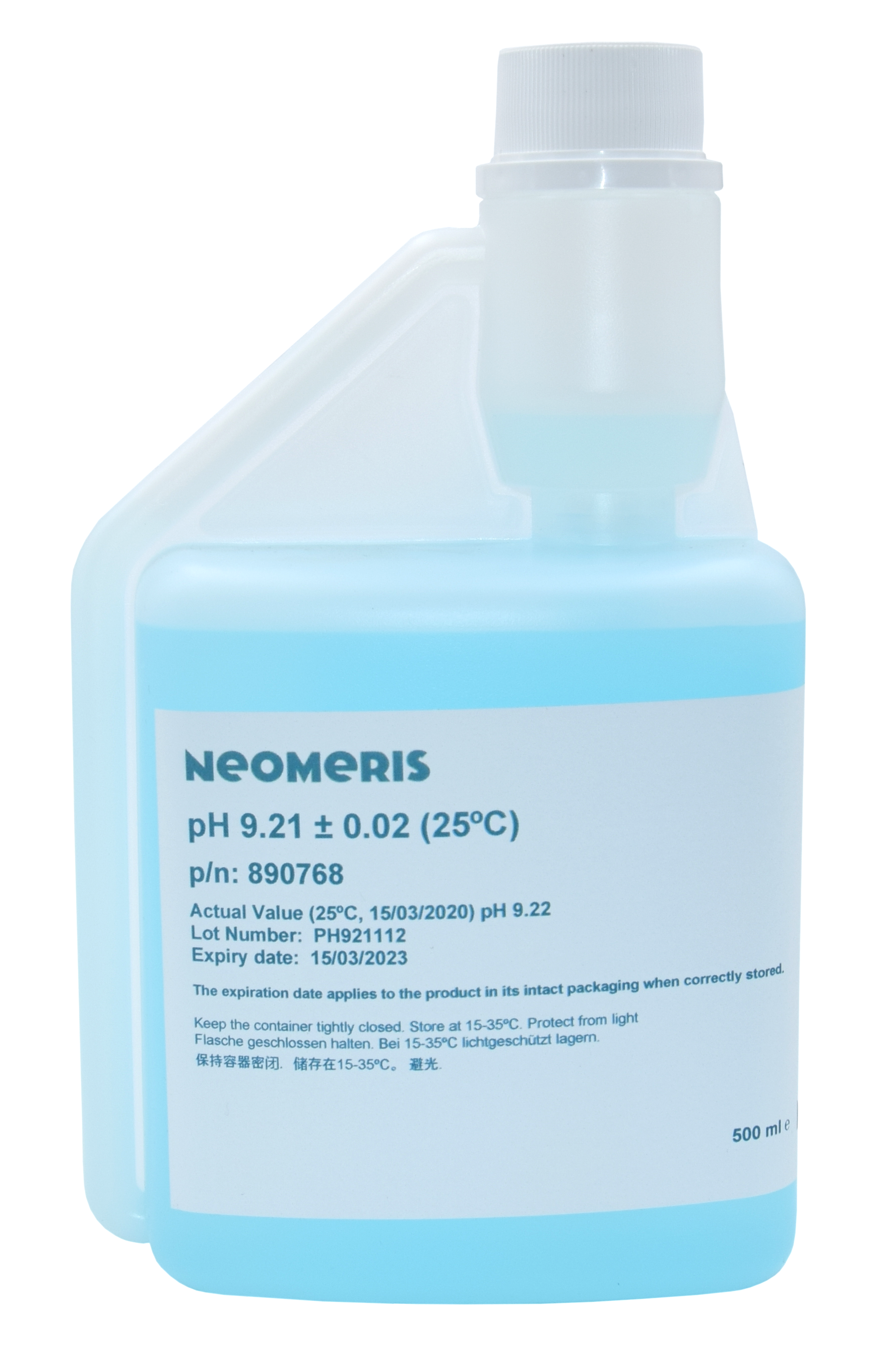 Neomeris pH buffer solution pH 9.21 blaue Pufferlösung 500 ml Flasche, transparente Kunststoffflasche mit weißem Schraubverschluss