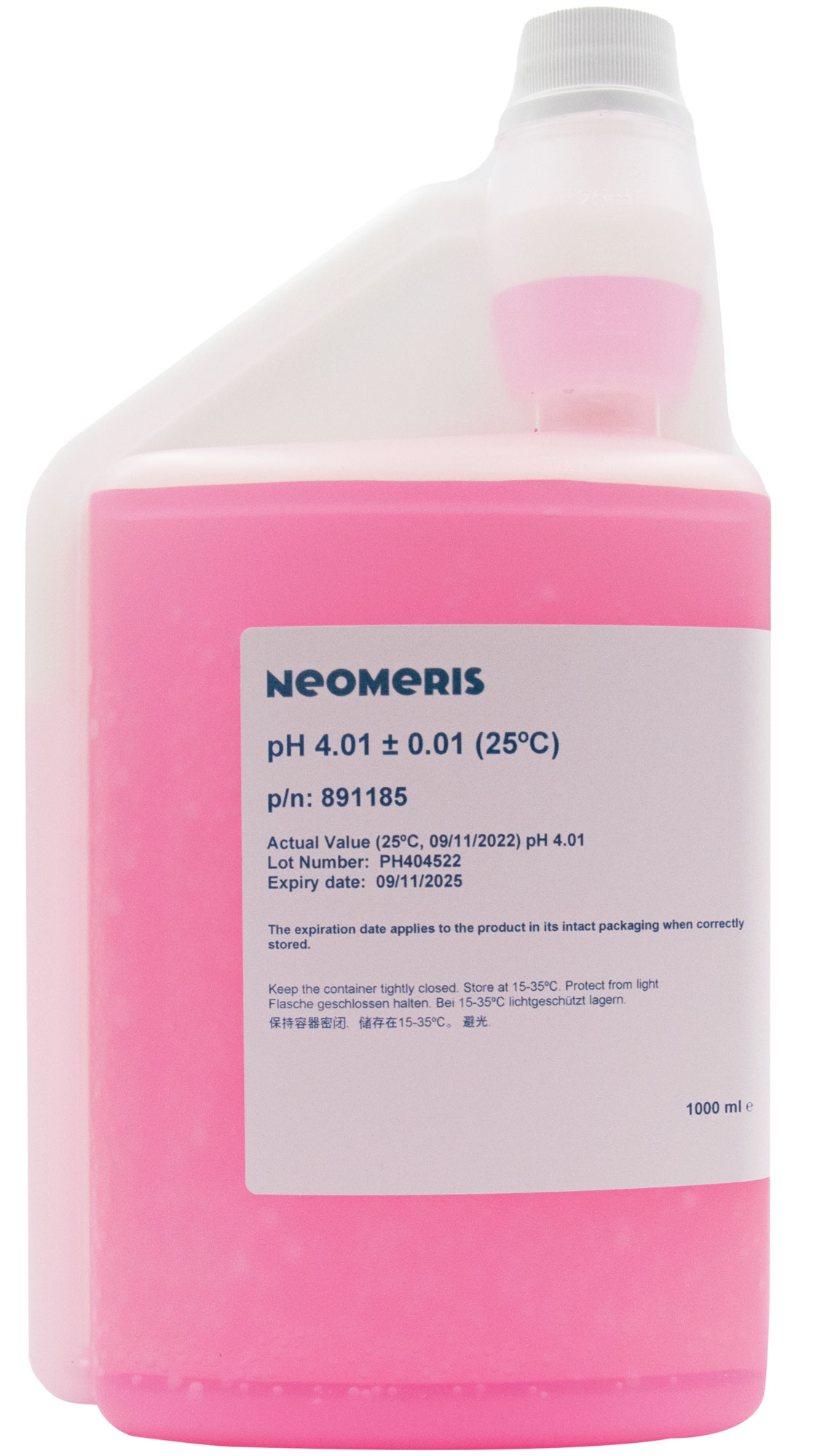 Neomeris pH buffer solution pH 4.01 pH-Pufferlösung 4.01 pink, 1 Liter Flasche mit Hygiene-Verschluss, Neomeris