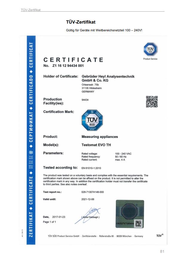 Testomat EVO TH, official TÜV certificate with test number visible, 100–240 VAC / 100–353 VDC