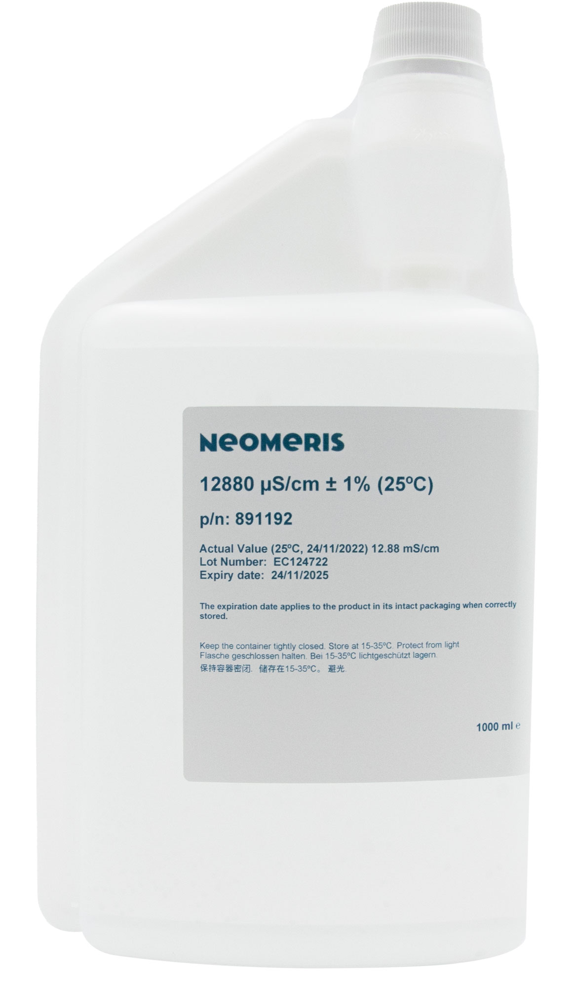 Neomeris conductivity calibration solution 12880 μS/cm Leitfähigkeitskalibrierlösung 1L Flasche, hygienischer Verschluss, klare Lösung zur Elektrodenkalibrierung