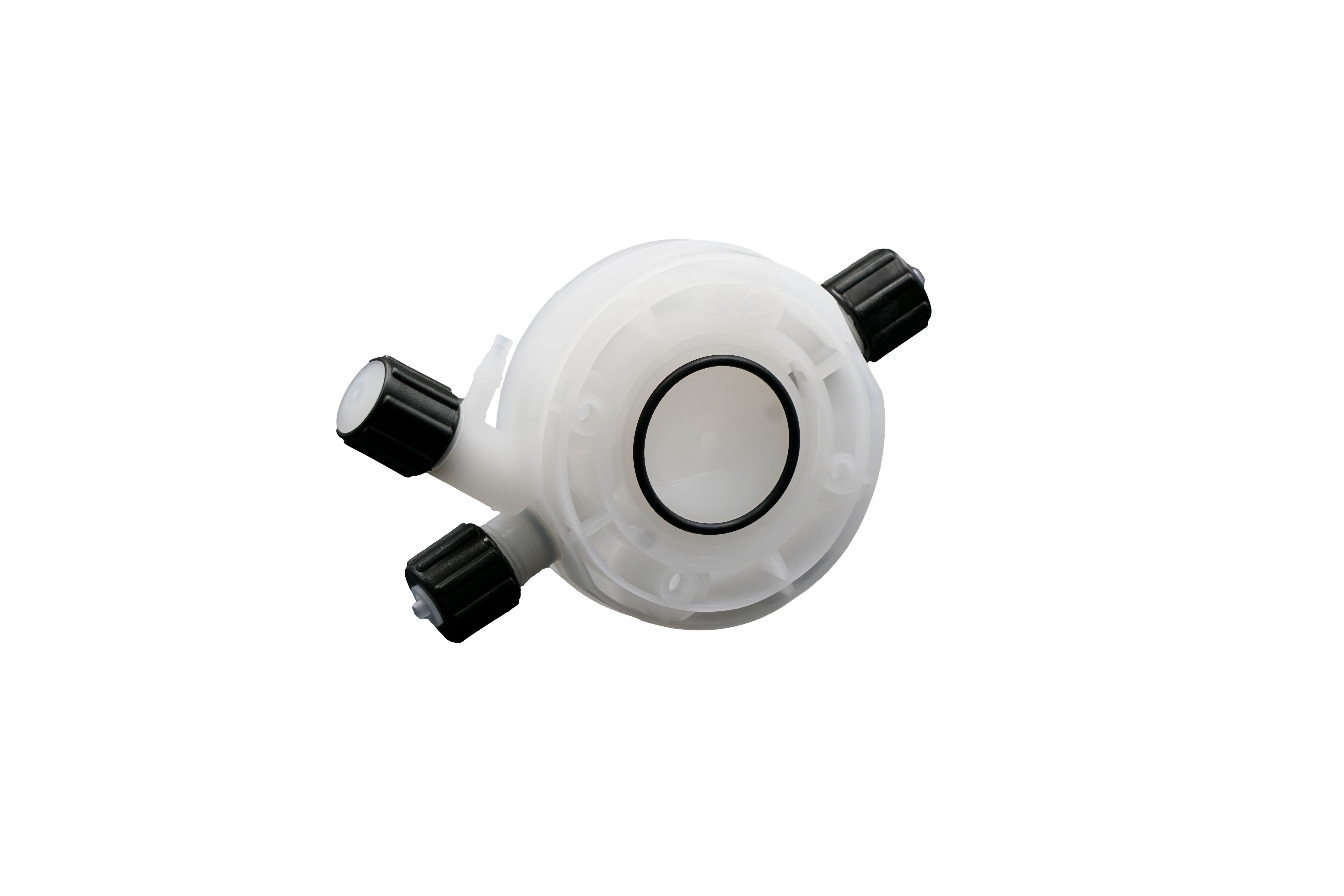 emec K-Plus Serviceset L, seitliche Ansicht des PVDF-Dosierkopfs mit Dichtungskomponente