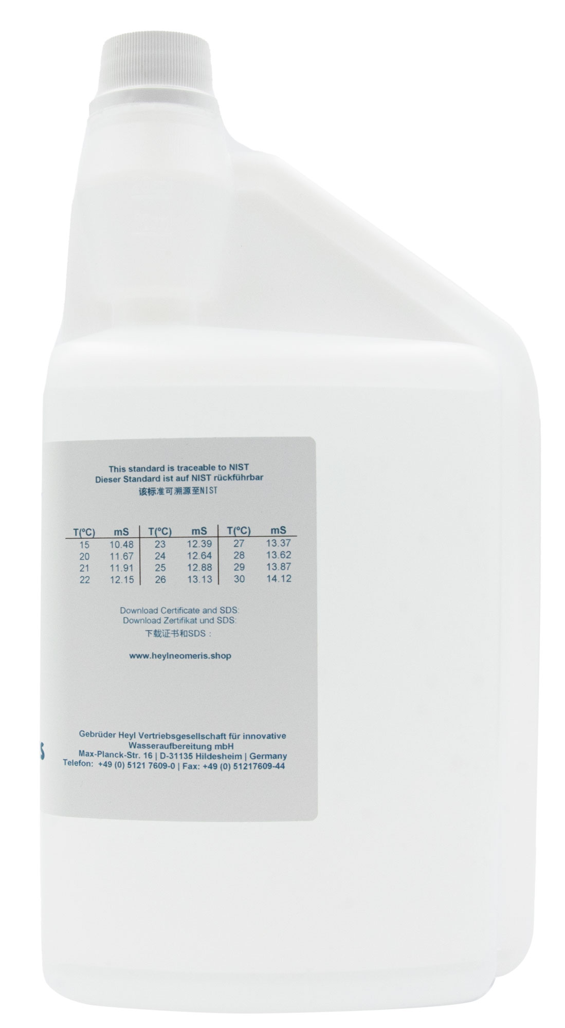 12880 μS/cm Leitfähigkeitskalibrierlösung 1L Flasche Rückseite, Etikett mit Produktinformationen, klarer Flüssigkeitsstand