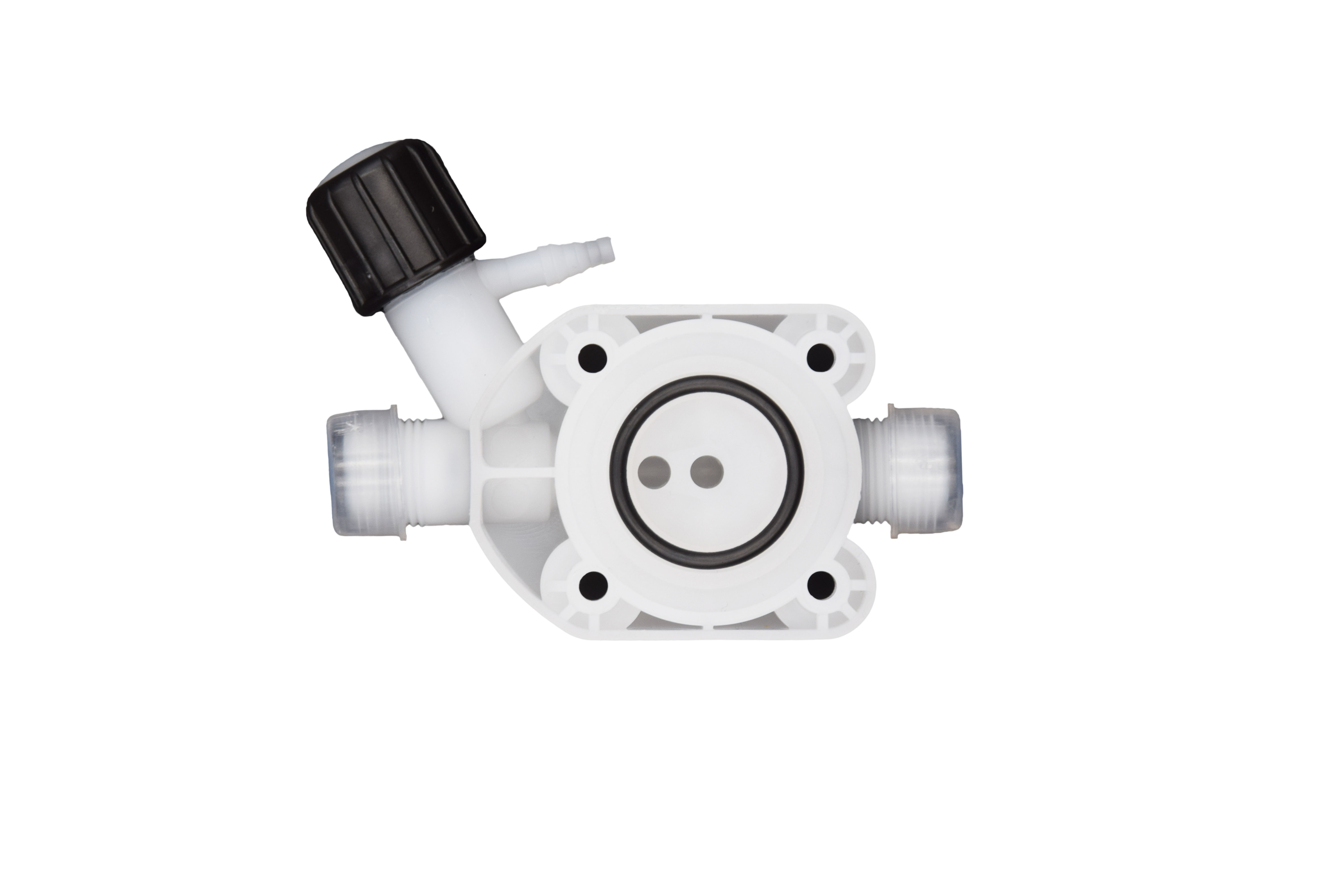 Alternative Perspektive des PVDF Dosierkopfs mit Viton Dichtung