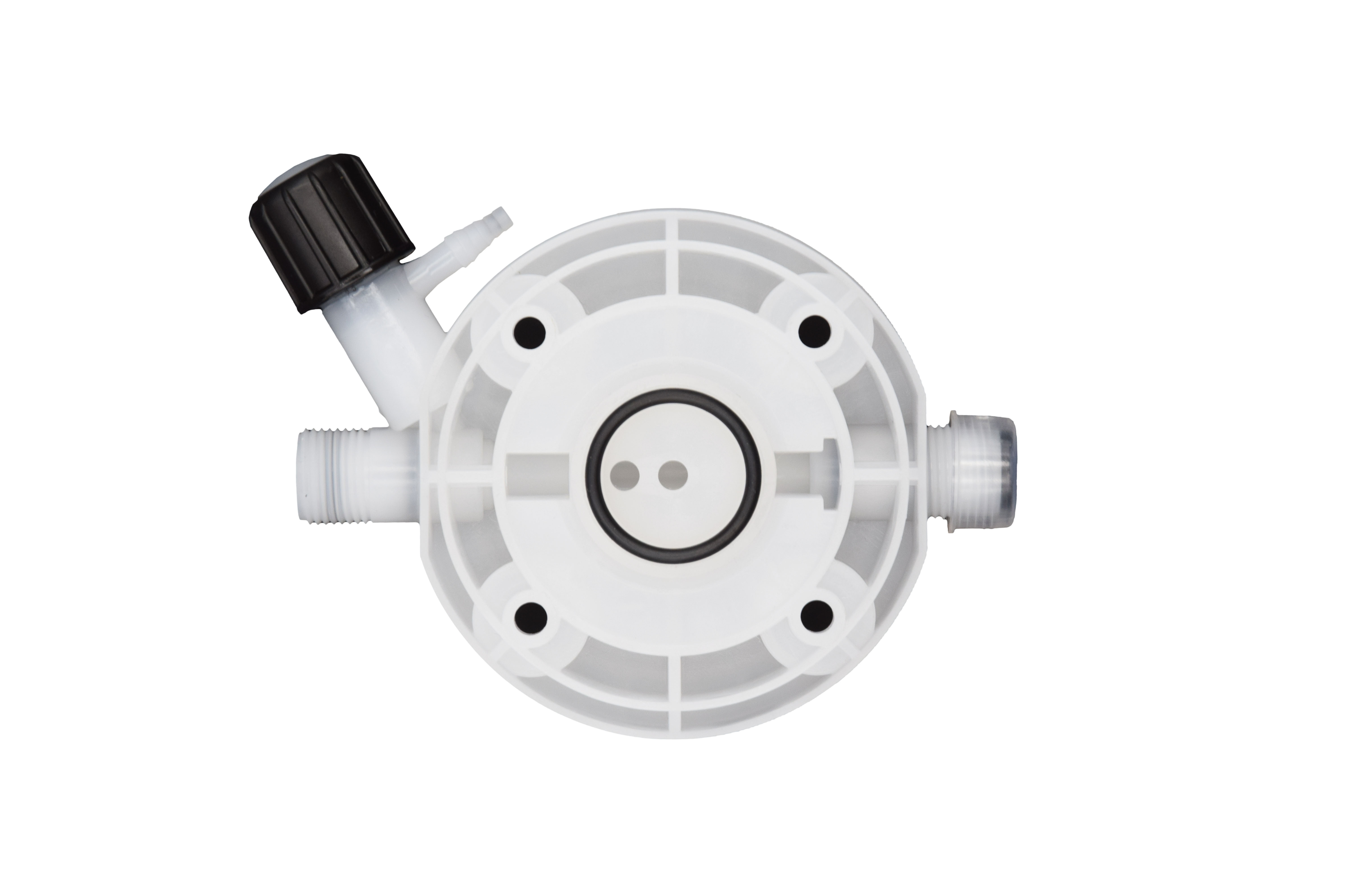 Die Frontansicht ermöglicht eine detaillierte Betrachtung der Anschlüsse und der Bauform des Dosierkopfes.