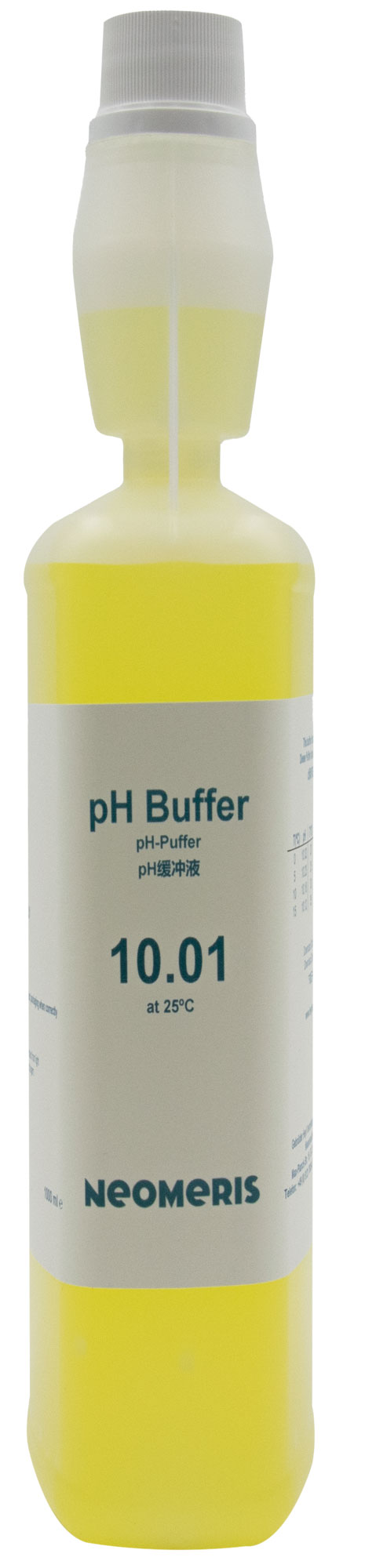Neomeris pH 10.01 Pufferlösung Frontansicht, 1 Liter Flasche mit gelber Flüssigkeit