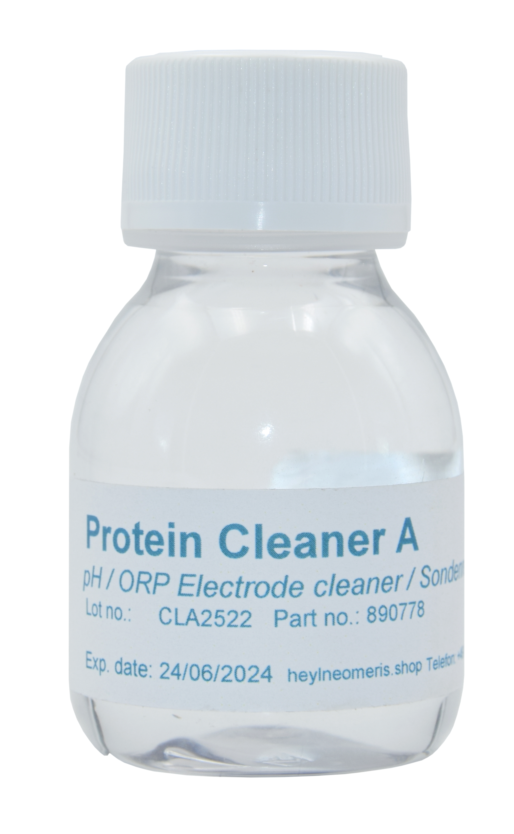 Neomeris Reinigungslösung für pH- und Redox-Elektroden (Pepsin) - Sondenreiniger Reinigungslösung für pH- und Redox-Elektroden, Frontansicht 70 ml Flasche, transparentes Plastik mit blauem Etikett text