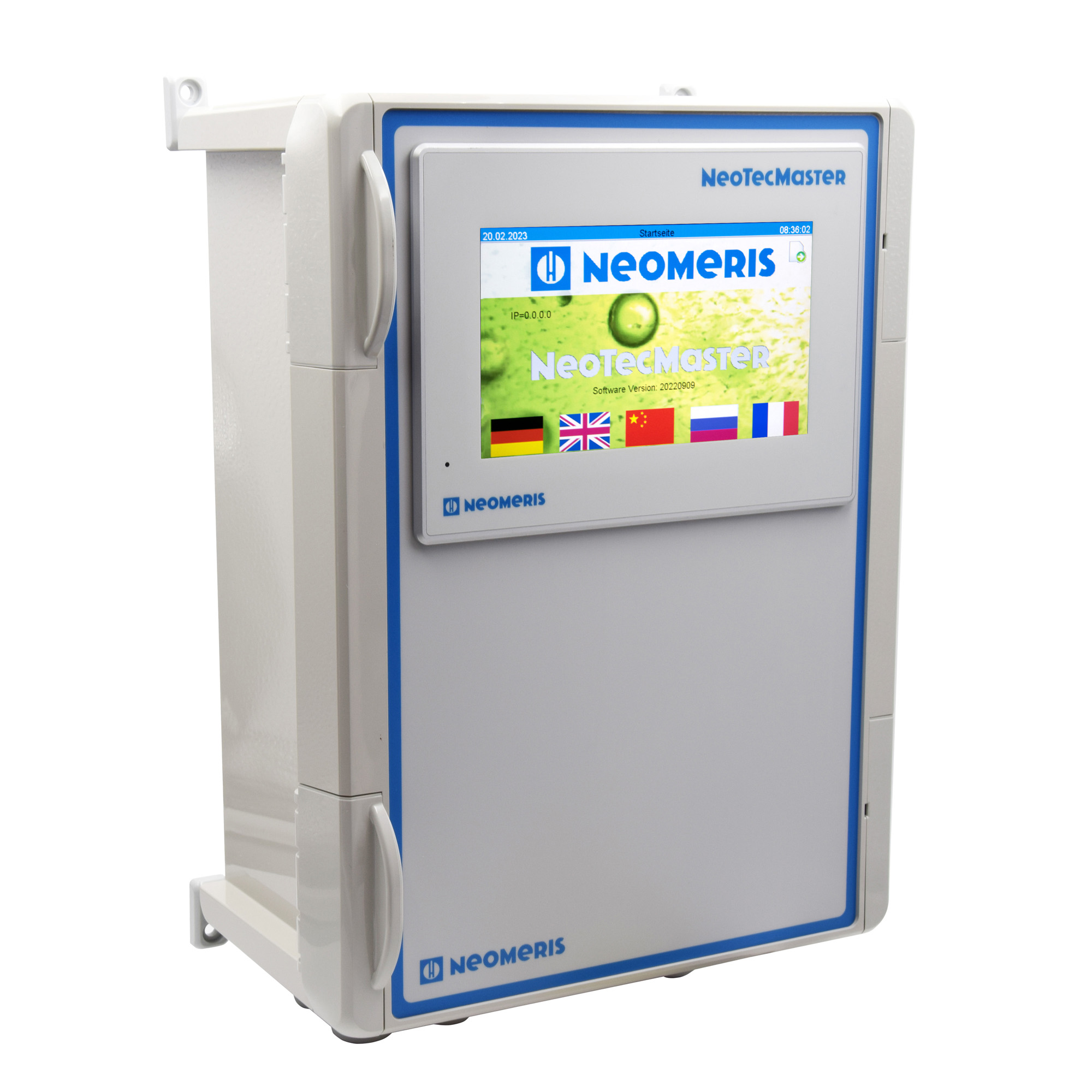 NeoTecMaster 7 Zoll Multicontroller in Gehäuse, Touchscreen sichtbar, Gehäuse weiß, kompakt für Schaltschrankmontage, ideal für Wasseraufbereitung und Prozesssteuerung, 4-Kanal-Modul mit Modbus RTU