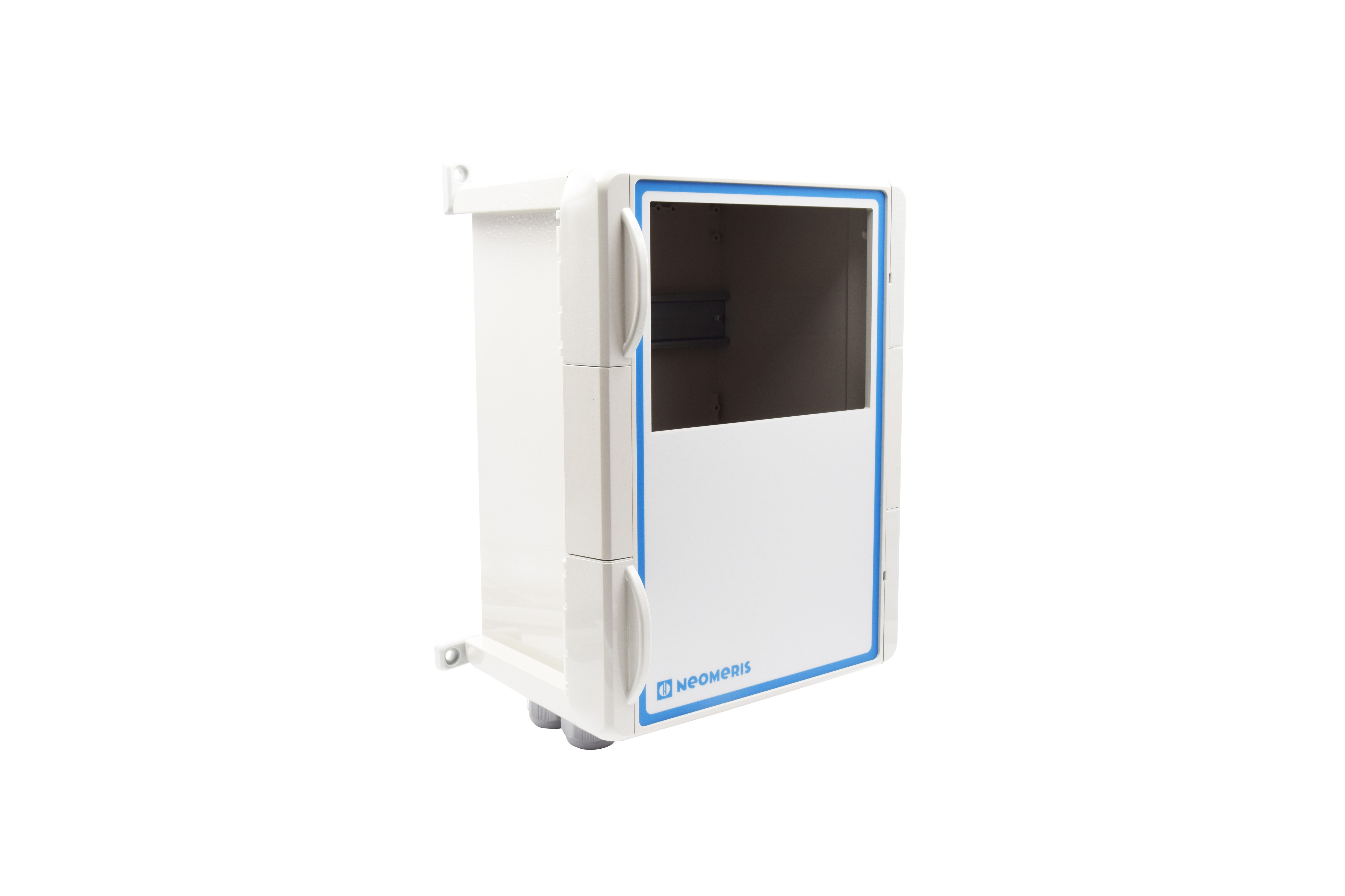 NeoTecMaster Gehäuse IP66 für 5 Zoll Display, diagonale Perspektive, lichtgraues Kunststoffgehäuse, Schutzklasse IP66